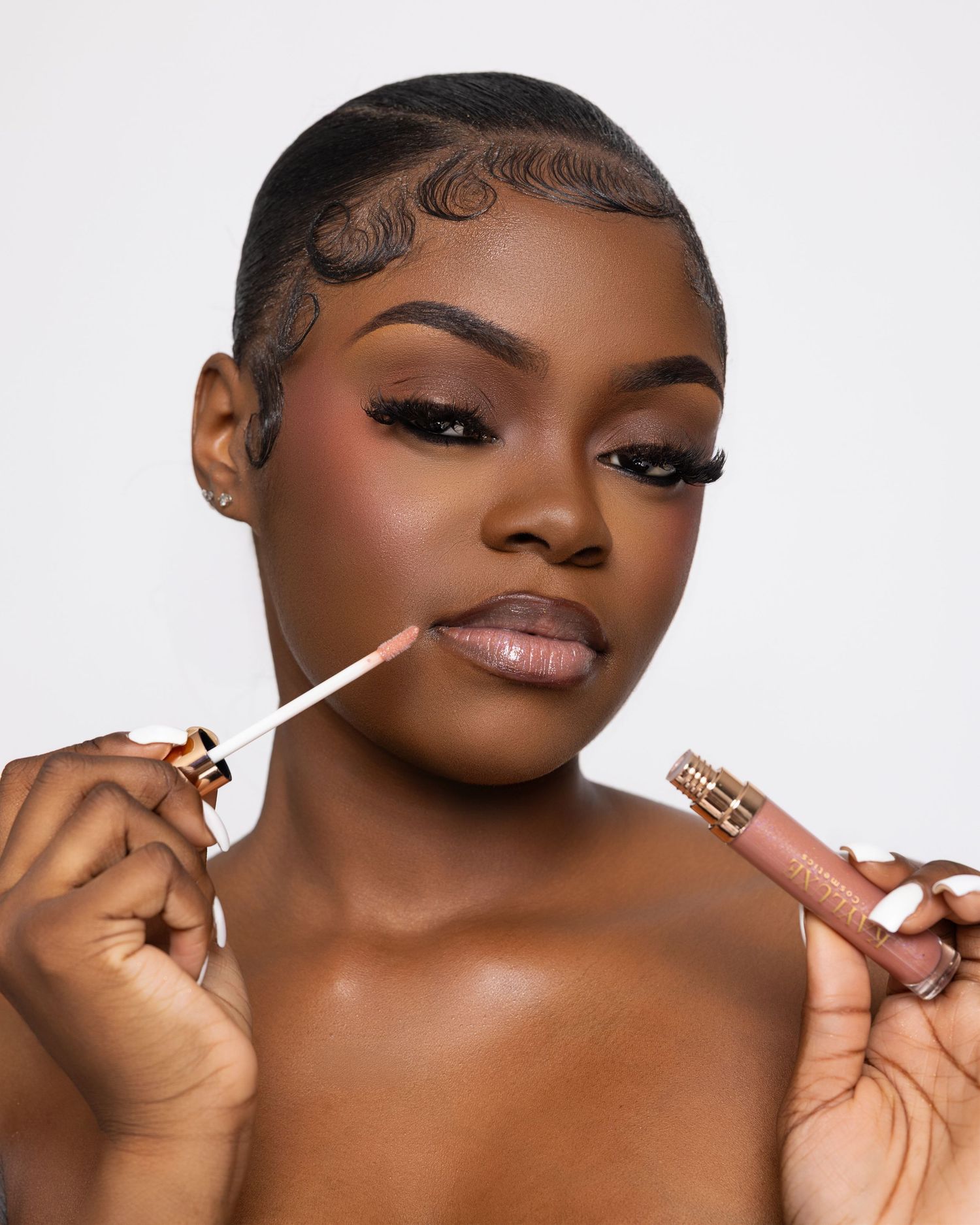 Makeup application sequence showing lip product application against white backdrop.