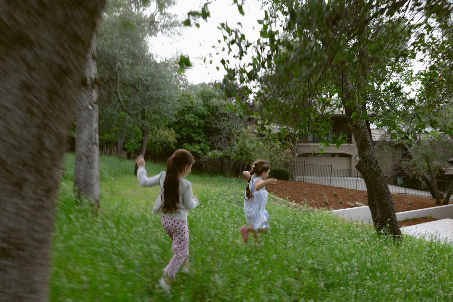 Two young sisters running and playing in a sunlit grassy garden, candid lifestyle family session