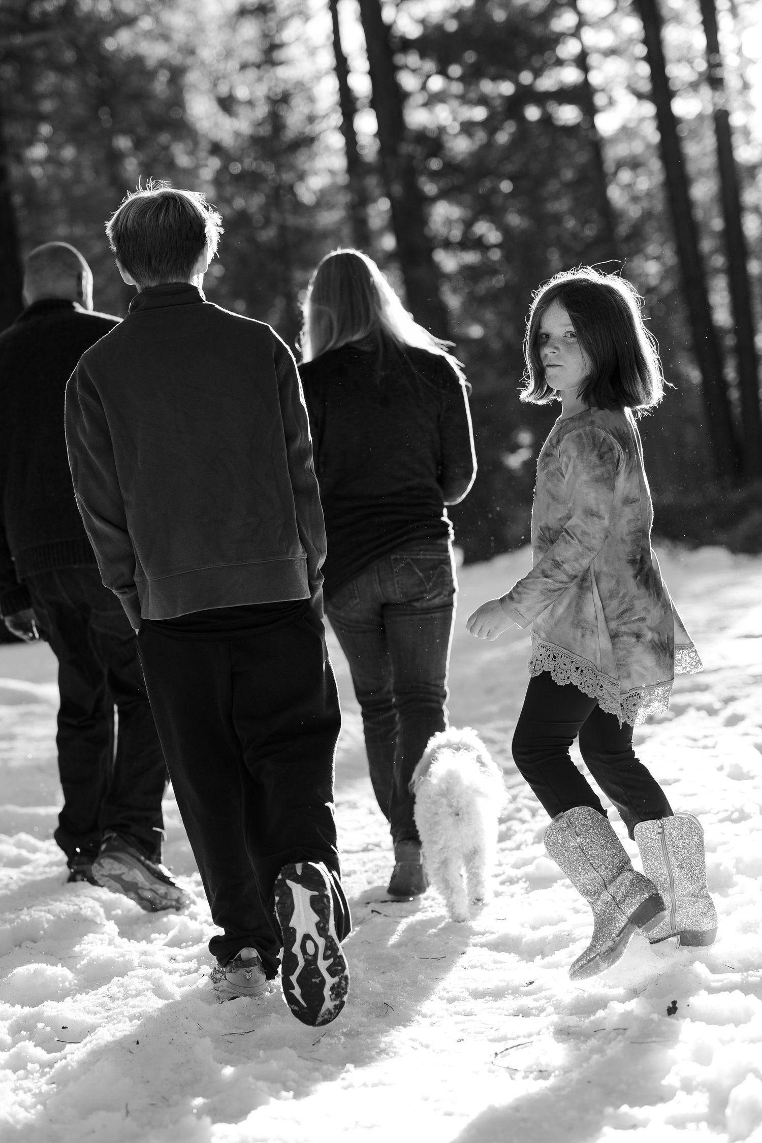 Black-and-white photo of a family walking with their small dog through a sunlit snowy forest, candid winter family session