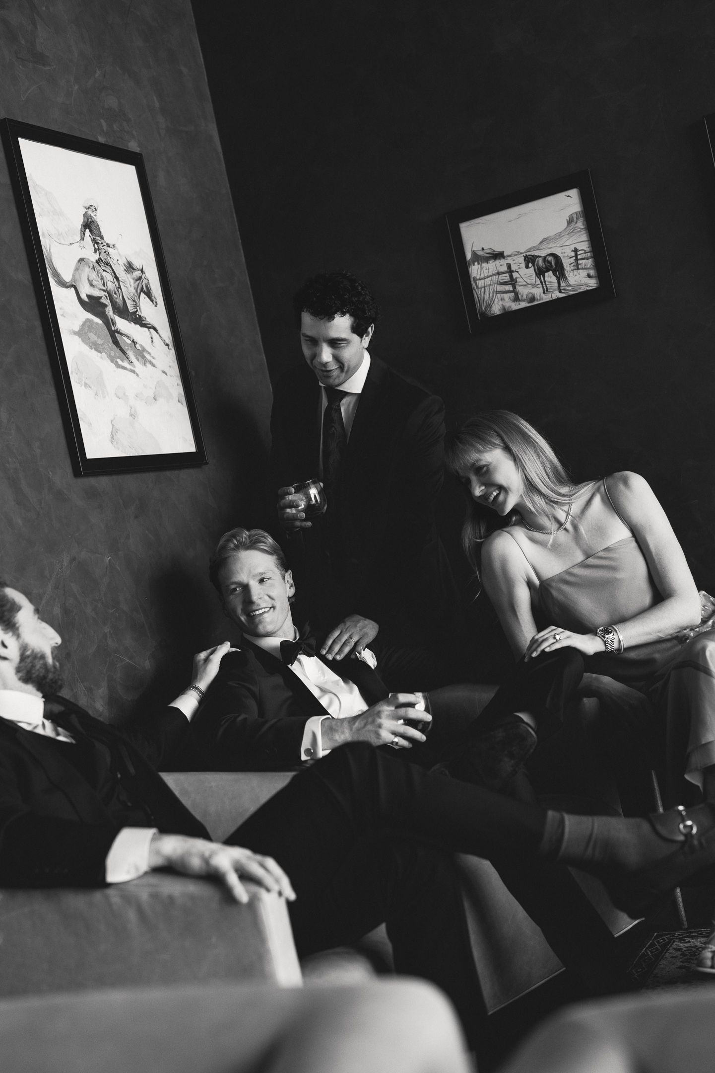 Editorial black and white portrait of the groom and groomsmen at a cinematic luxury wedding, by Sammy Aucella Photography