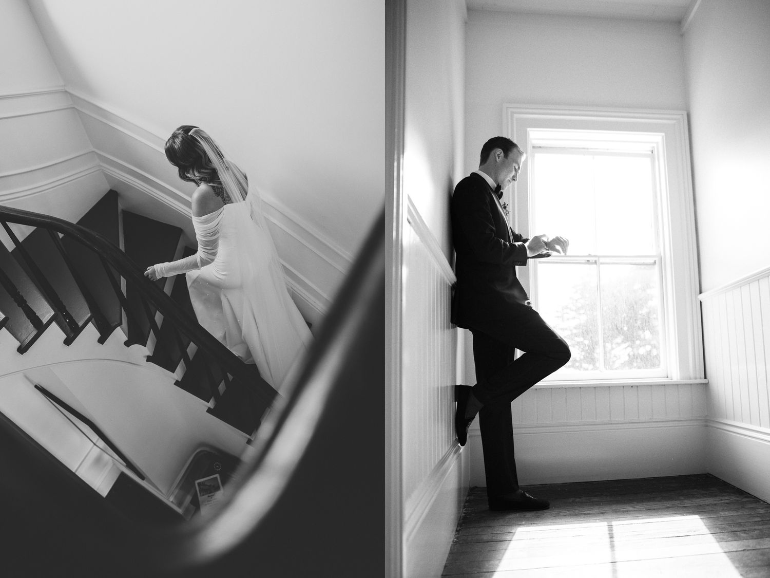 Black and white first look as the bride descends the staircase at a Cuffey's Cove wedding in Elk, Mendocino, by Sammy Aucella Photography