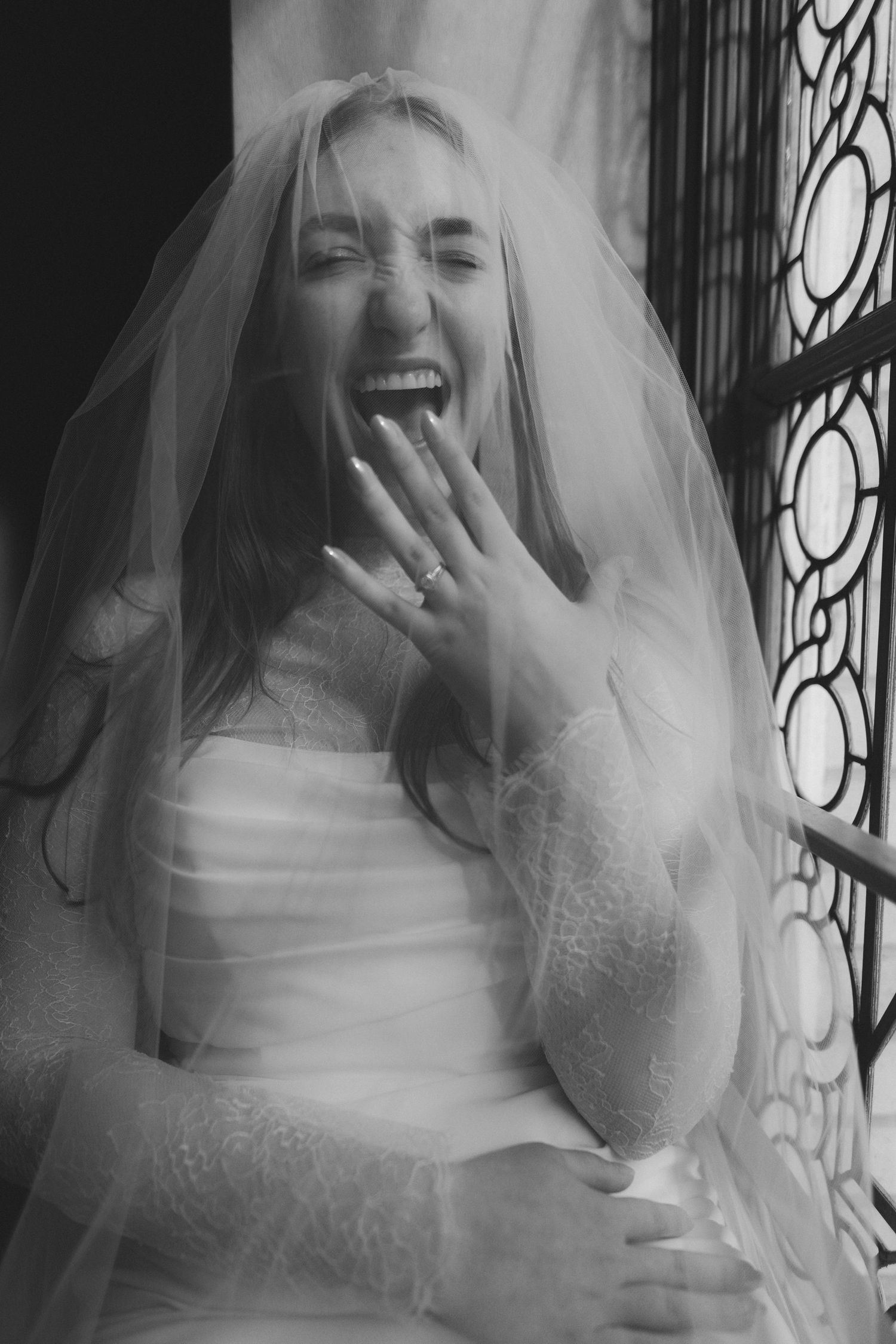Black and white motion-blur veil portrait at a San Francisco City Hall elopement, by Sammy Aucella Photography