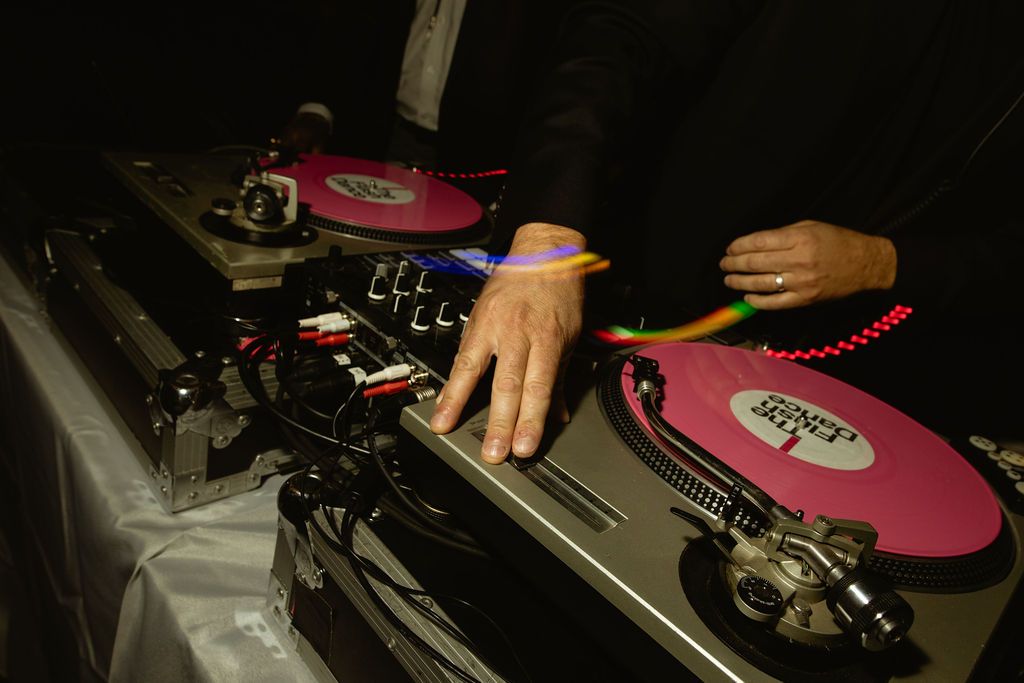 Detail of the DJ's turntables during the party at a Ritz-Carlton Lake Tahoe wedding, by Sammy Aucella Photography