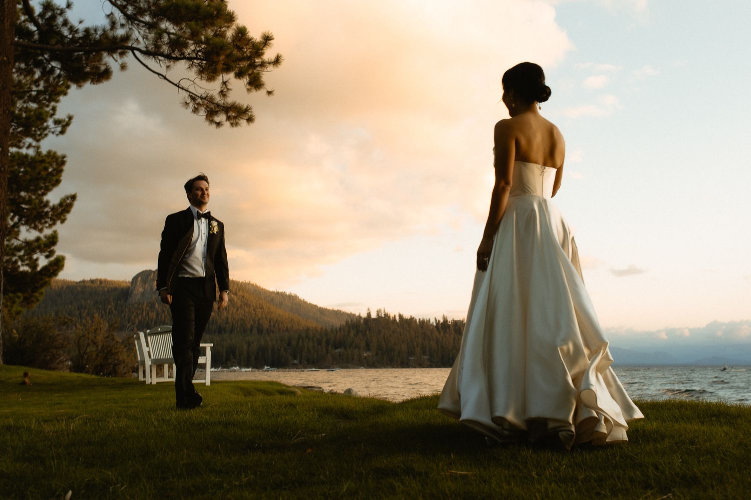 Bride at a mountain overlook at sunset with her groom at a cinematic Lake Tahoe wedding in Nevada, by Sammy Aucella Photography