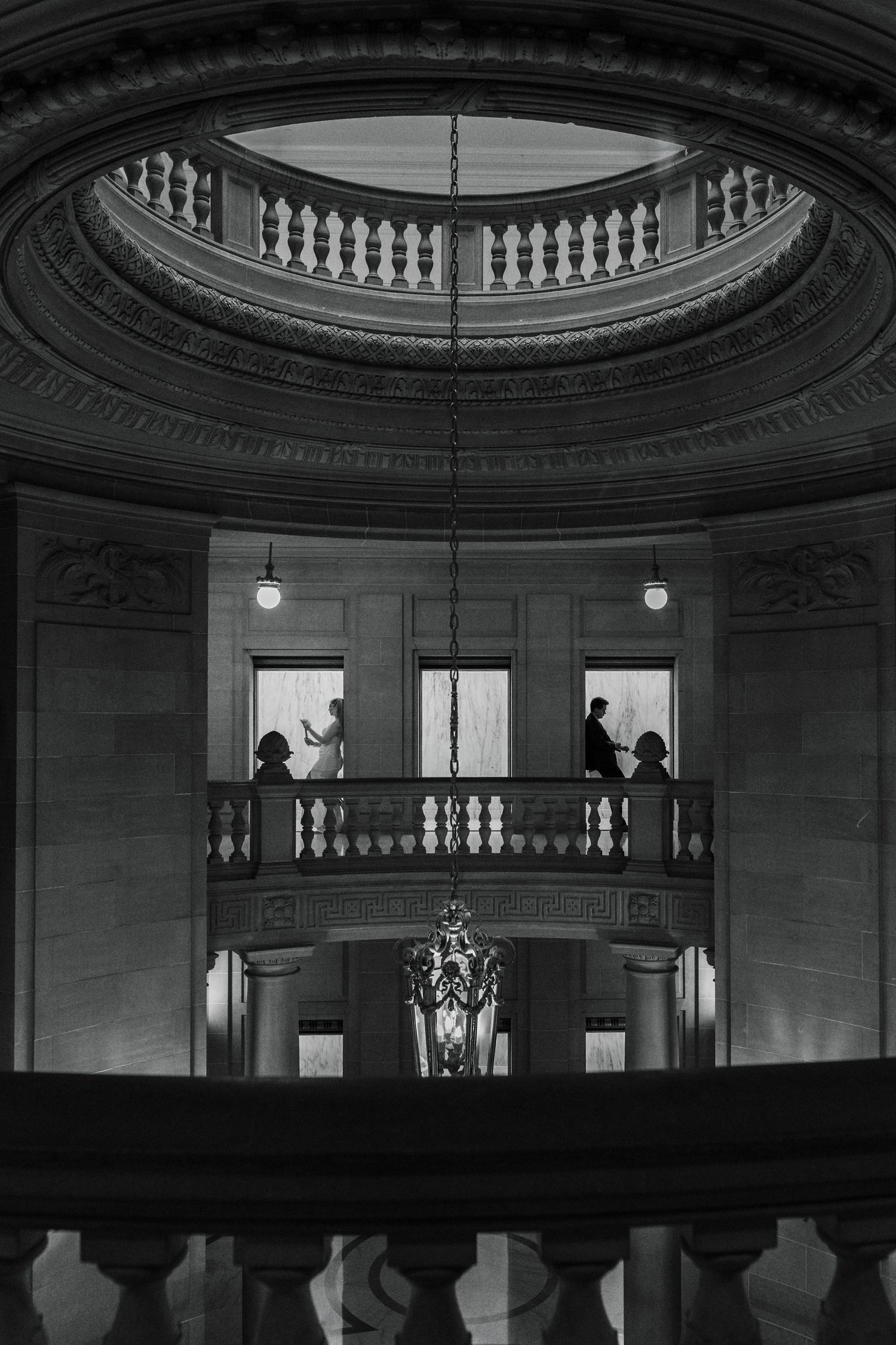 San Francisco City Hall grand staircase and balcony at an elegant elopement, by Sammy Aucella Photography