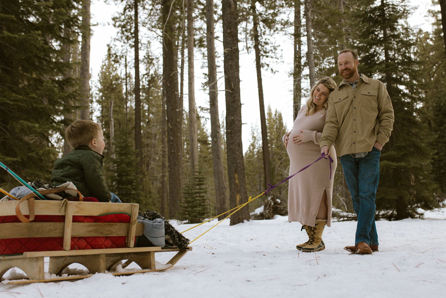 Expectant couple walking through a snowy pine forest with their young child in a wooden sled, winter family maternity session