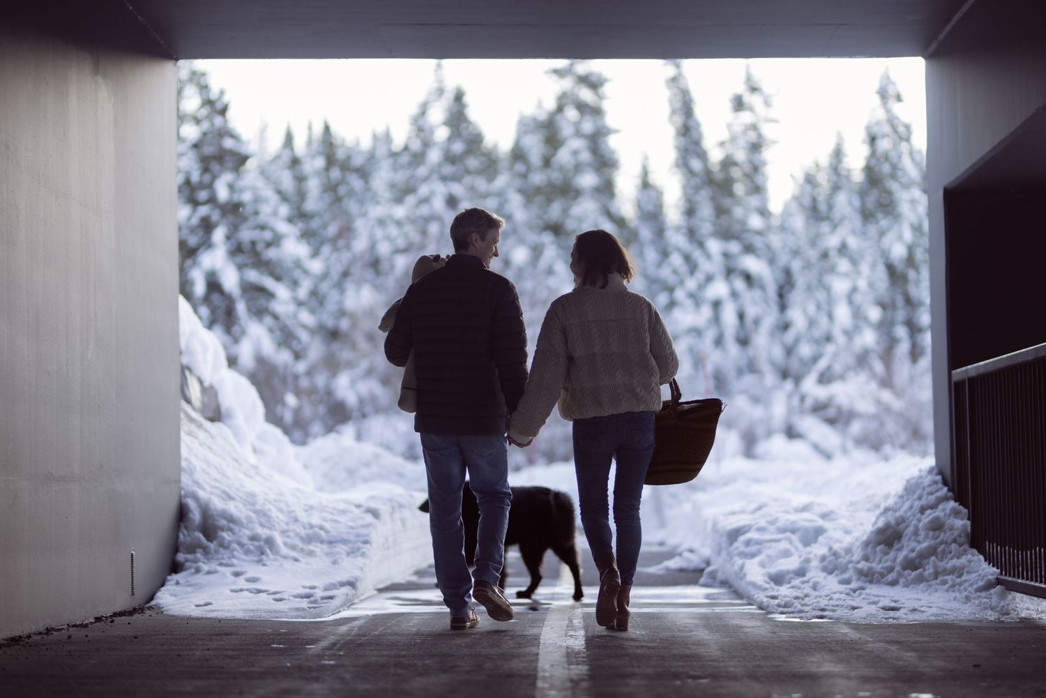 Couple walking hand in hand with their dog through a snowy pine clearing, candid winter family session in the mountains