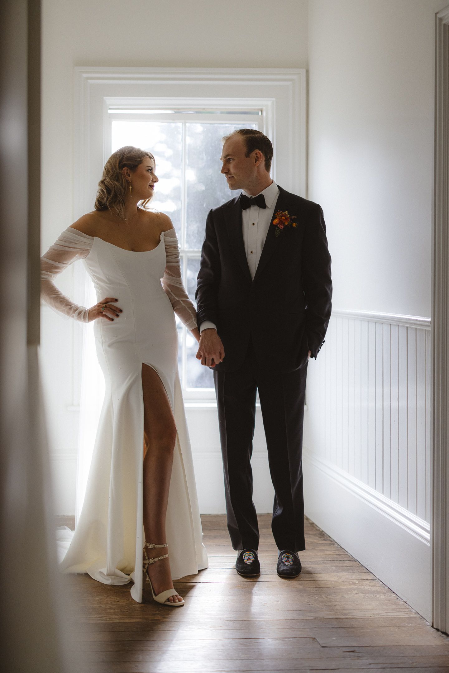 Bride and groom in soft glowing light at a Cuffey's Cove wedding in Elk, Mendocino, California, by Sammy Aucella Photography