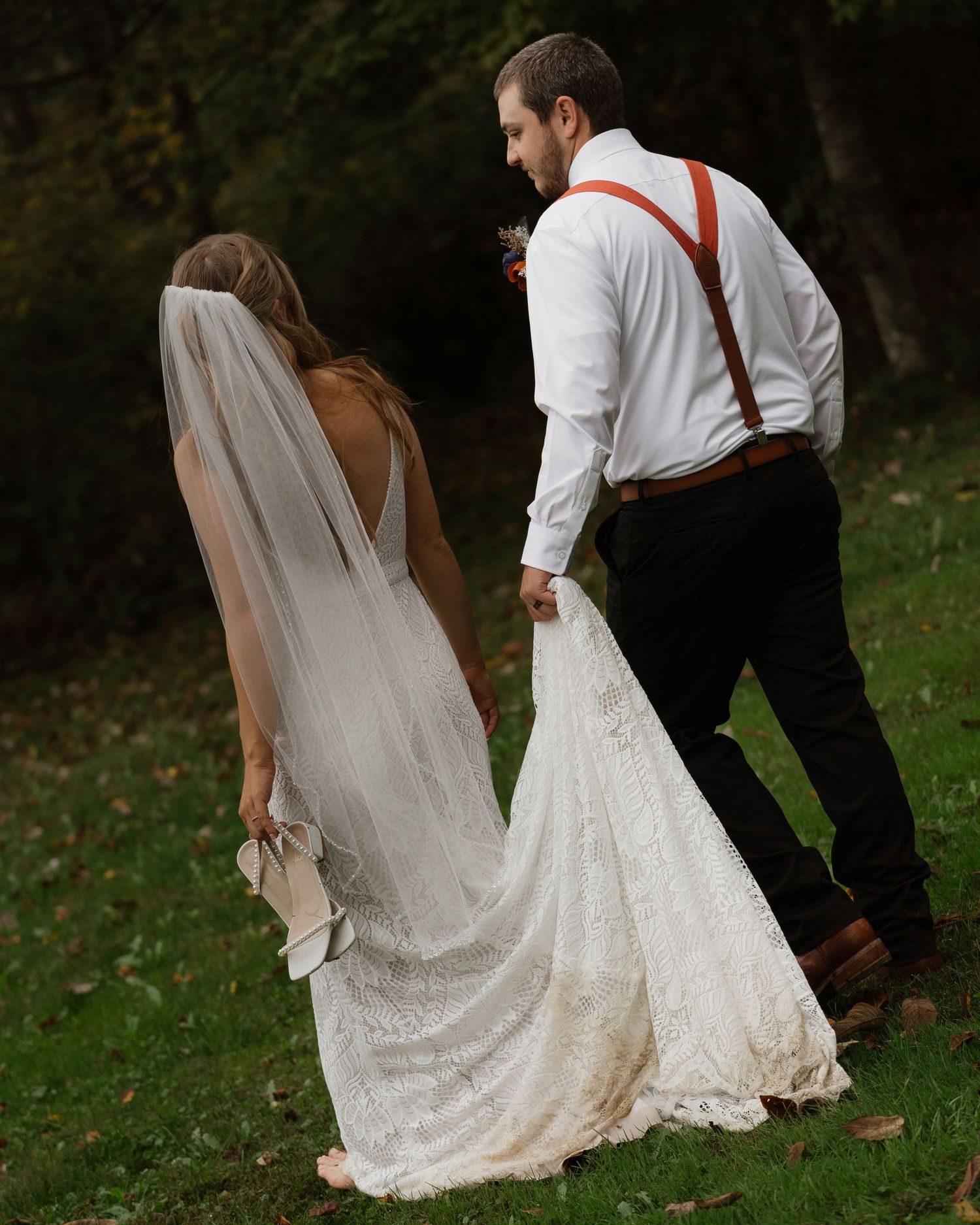 A sequence showing a bride's flowing lace dress and veil against a dark outdoor background.