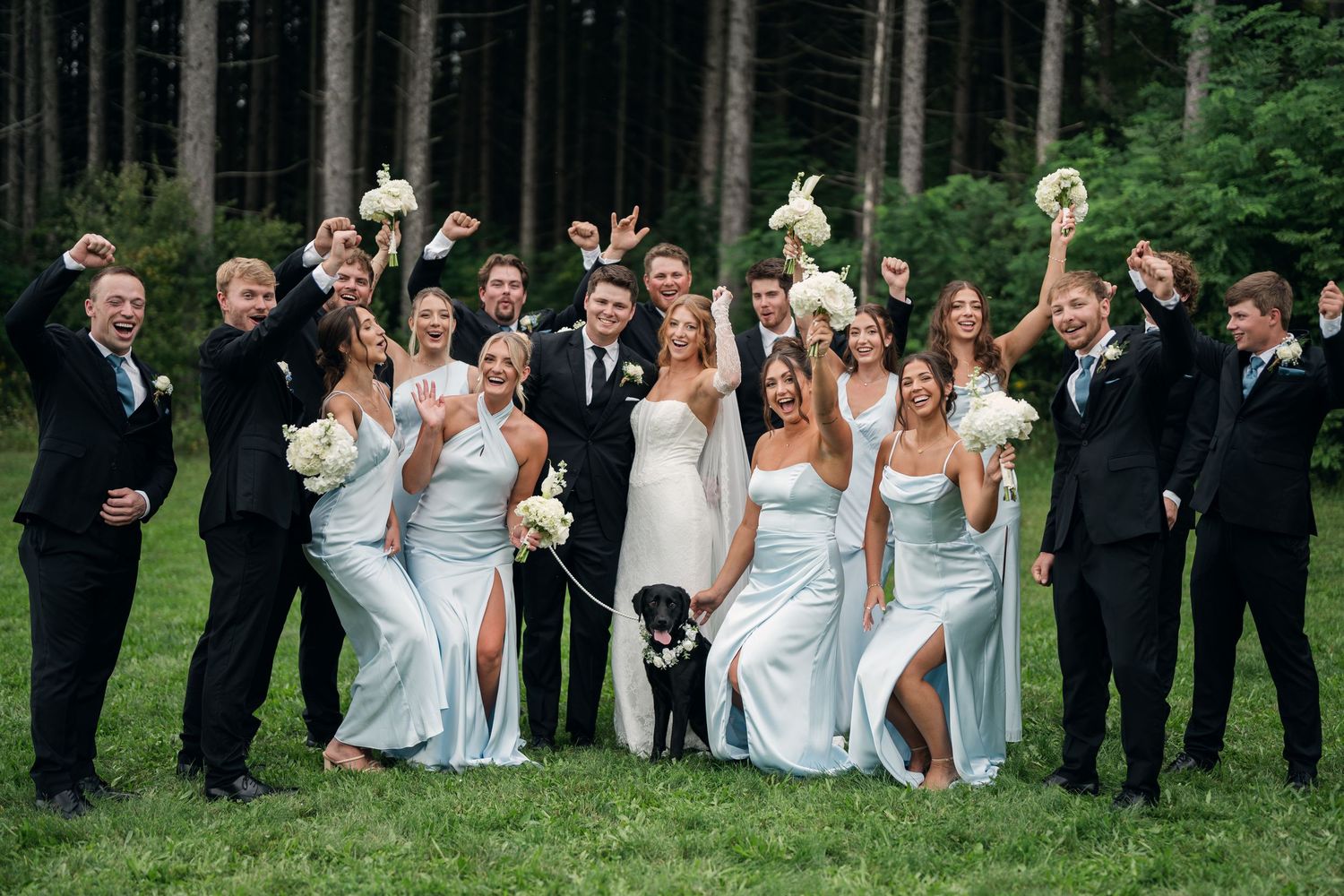 Wedding party celebrating outdoors with bride, groom, bridesmaids in blue gowns, groomsmen in suits, and a black dog.