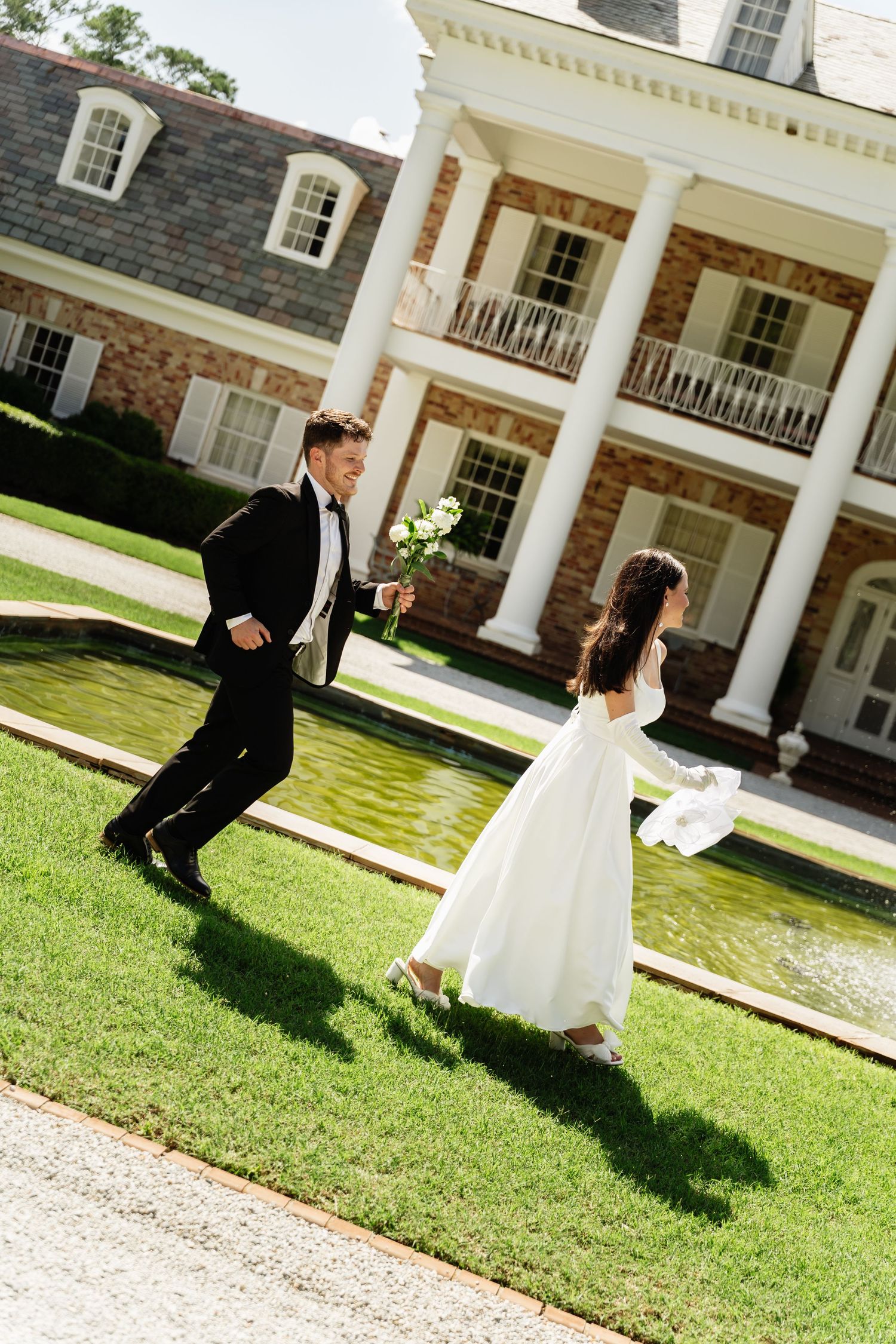 A playful sequence of wedding photos showing a couple running and chasing each other on a lawn in front of a mansion.