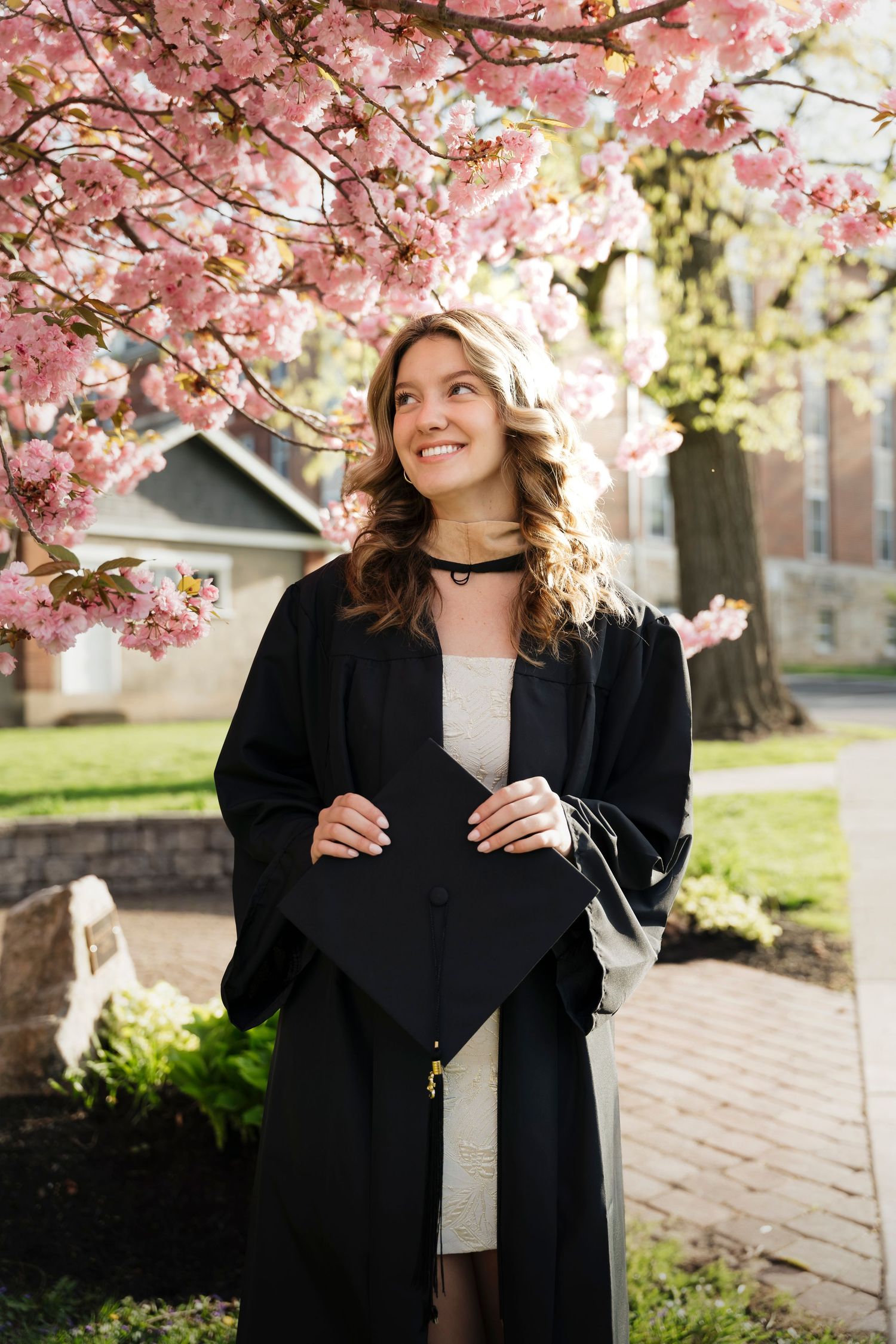A graduate in academic regalia poses beneath vibrant pink cherry blossoms during a spring photoshoot.