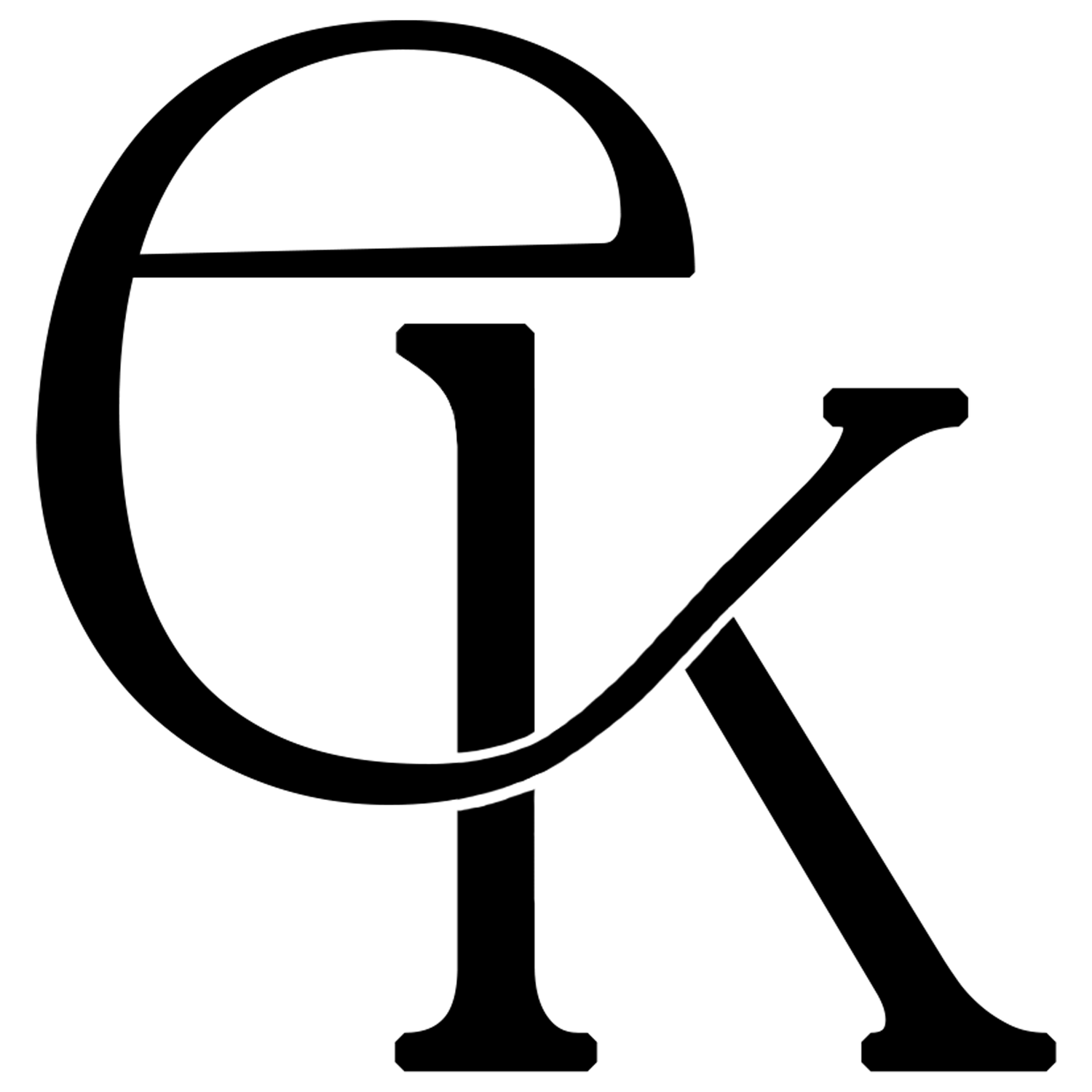 Black and white logo featuring stylized letters e, i, and k intertwined in an elegant serif typography design.