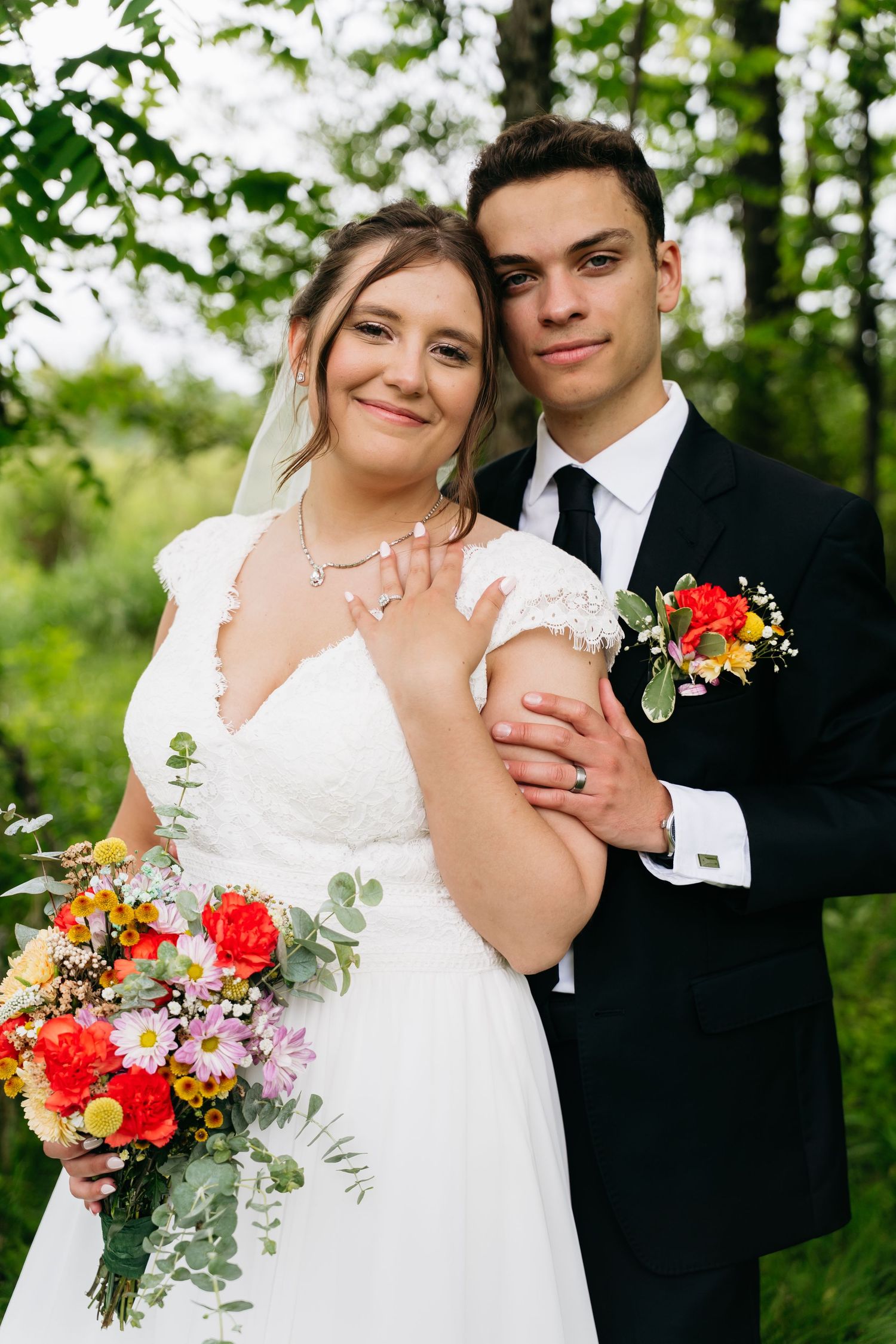 A romantic series of outdoor wedding portraits featuring bright floral bouquets and traditional formal attire.