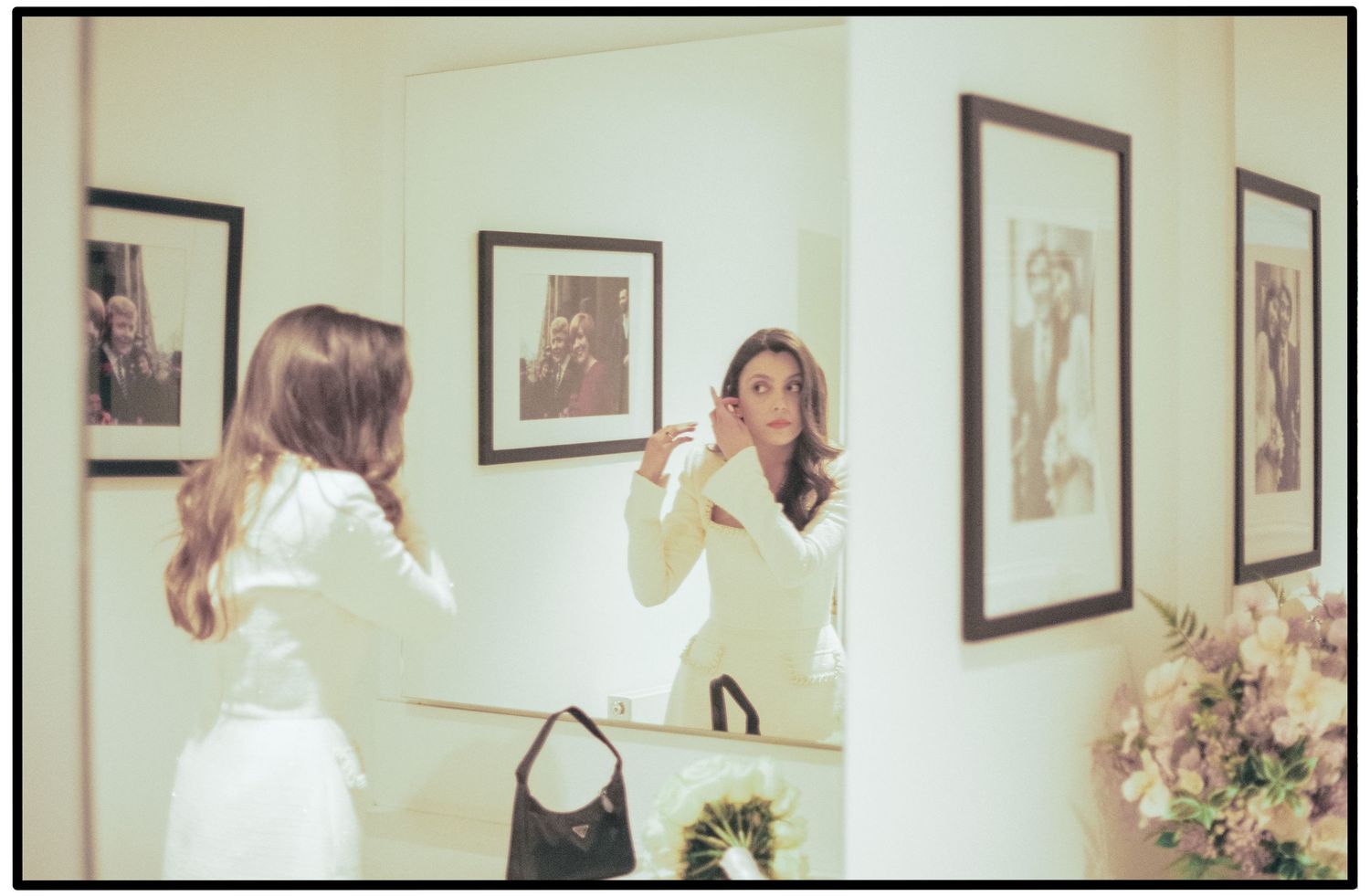 A series of four framed photos showing a romantic wedding ceremony and celebration in a light-filled venue.