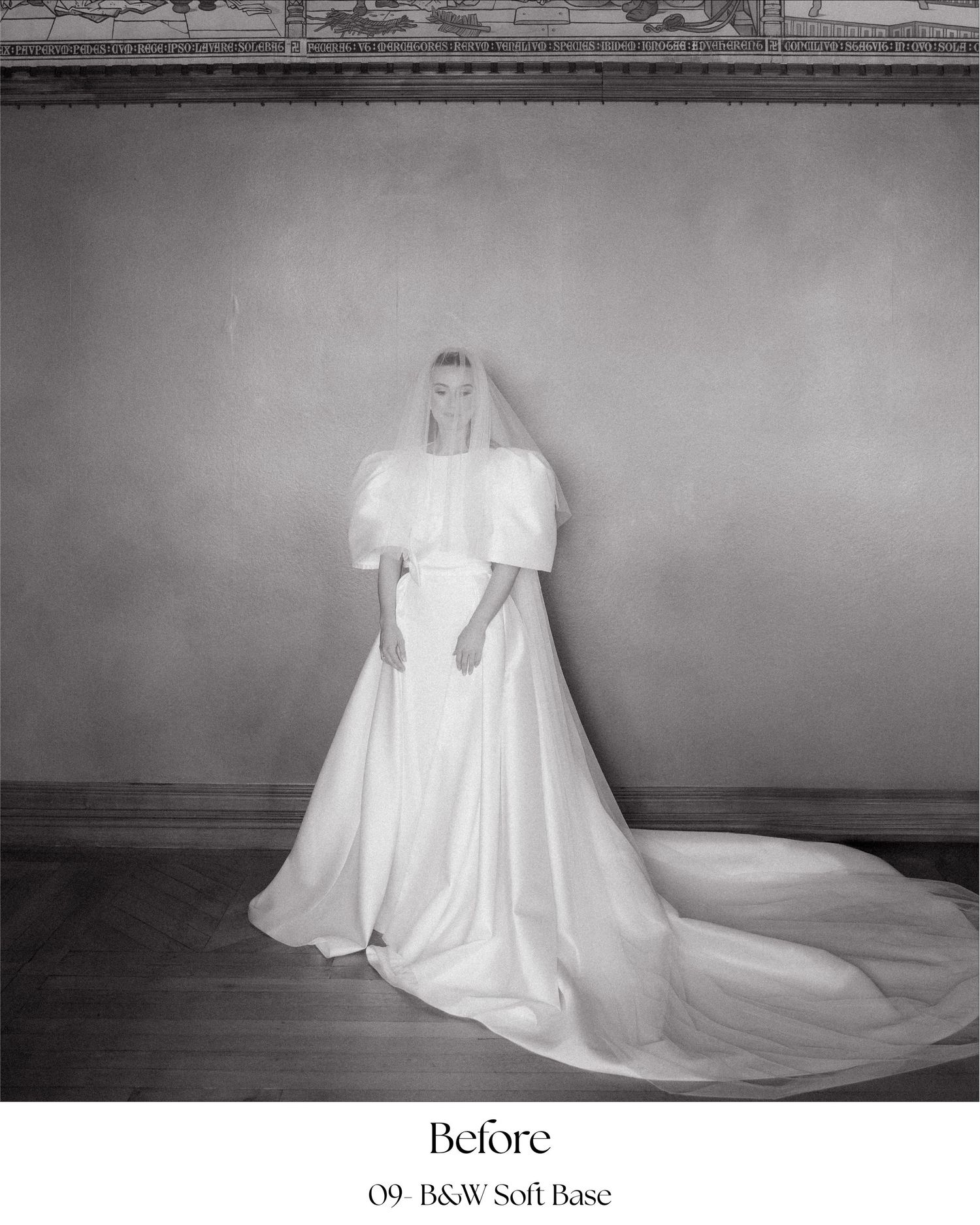 A sequence of black and white photos showing a ghost-like figure in white fabric moving across a dark floor.