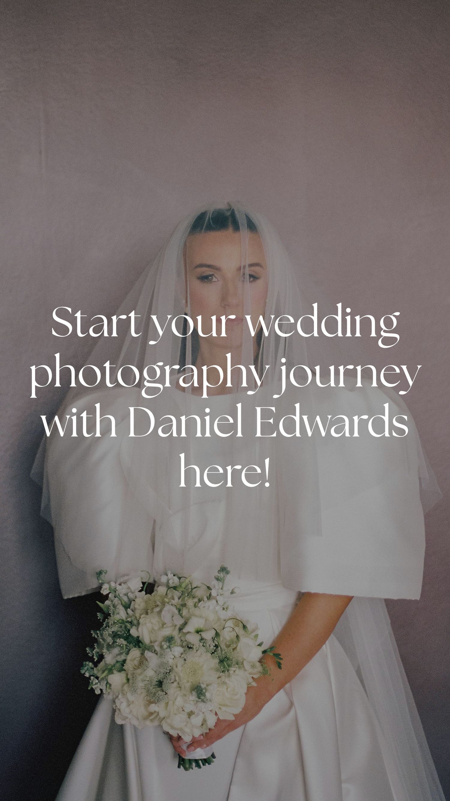 A series of elegant bridal photos showing white wedding dresses, veils and bouquets against a dark background.