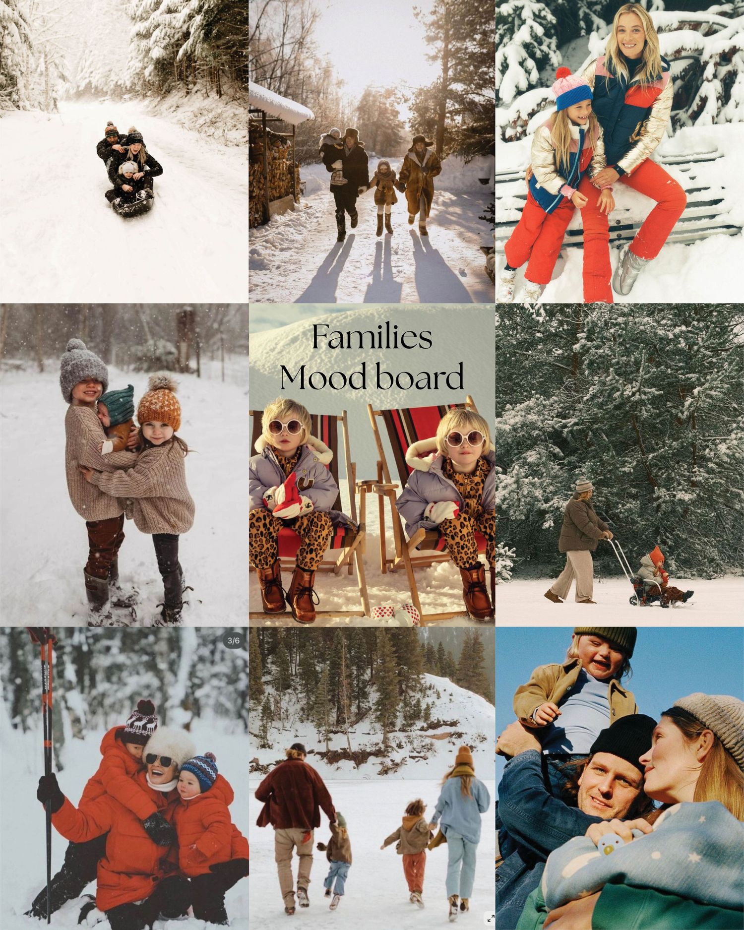 Winter moodboard collage featuring snowy outdoor scenes, cozy moments, and warm holiday activities in red and white tones.
