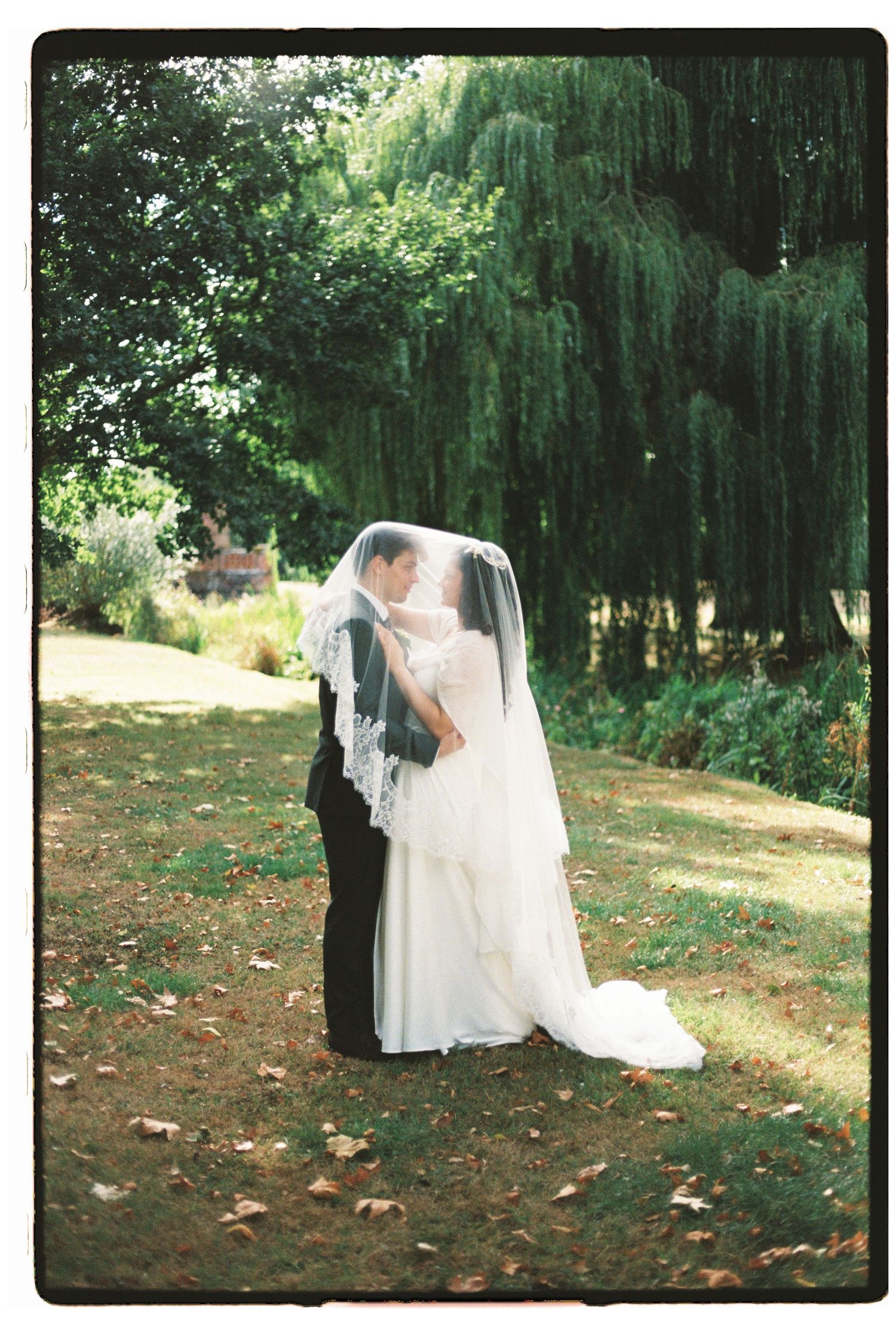 Bride and groom sharing a kiss under a wedding veil in a lush garden with a weeping willow tree.