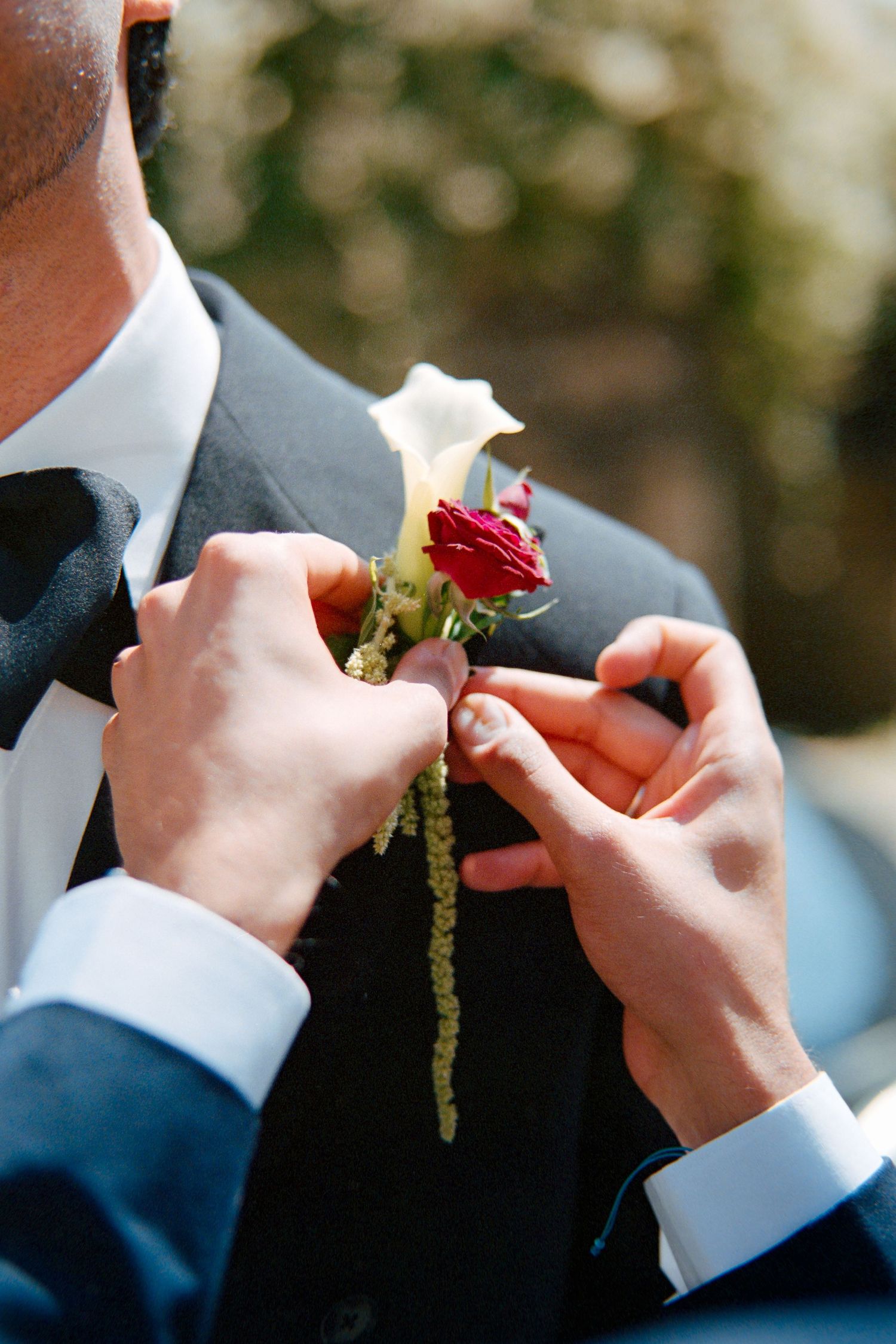 Hands pinning a white calla lily and red rosebud boutonniere onto the lapel of a groom's dark suit with a black bow tie.