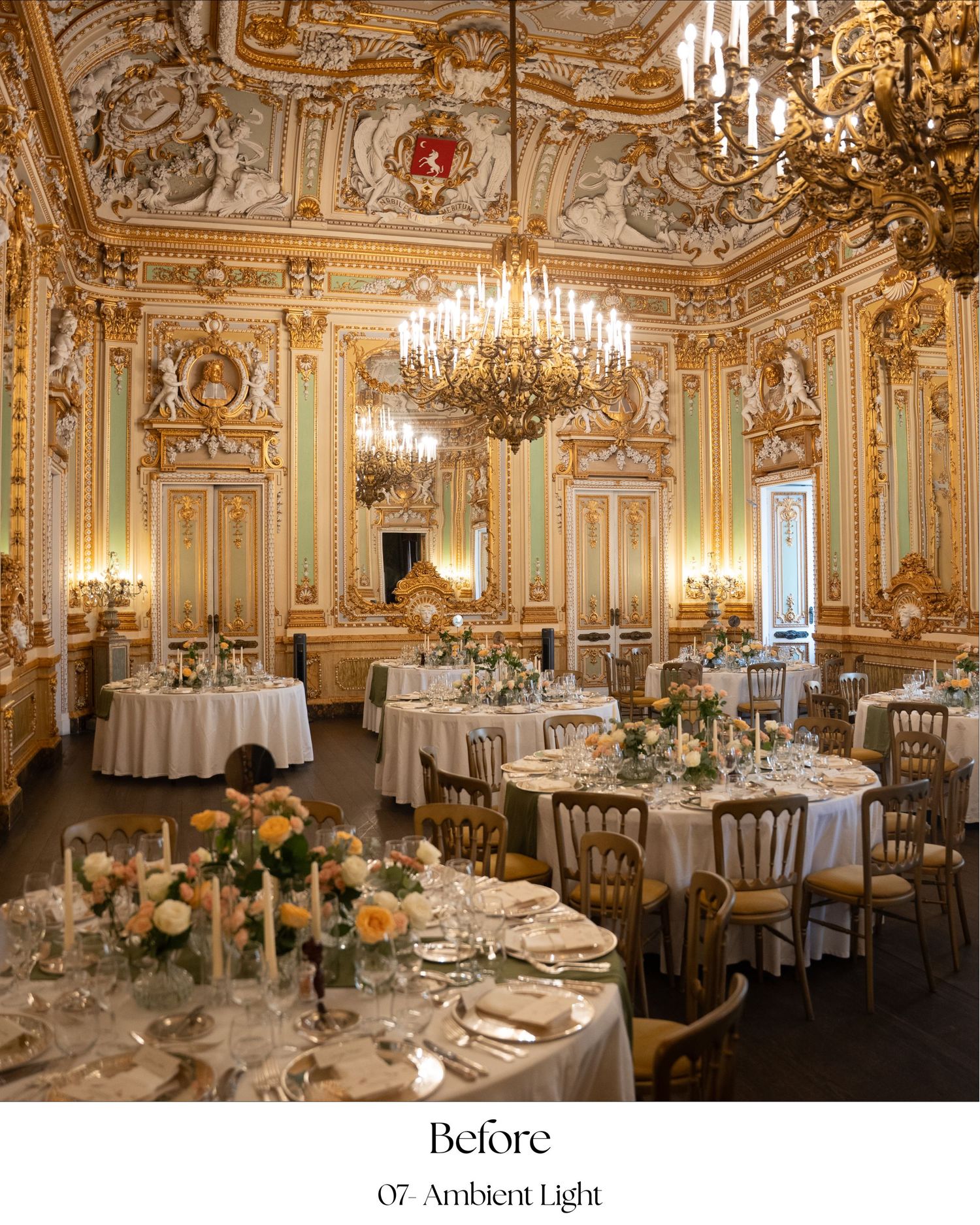 Elegant baroque ballroom with crystal chandeliers, ornate gold details, and formal table settings for an upscale event.