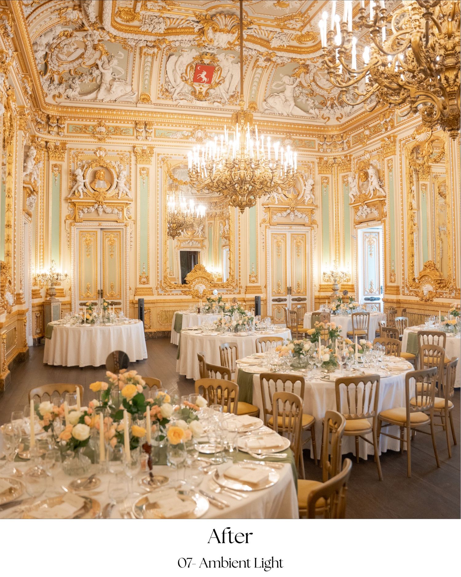 Elegant ballroom with ornate gold decor, crystal chandeliers and round tables set for a formal wedding reception.