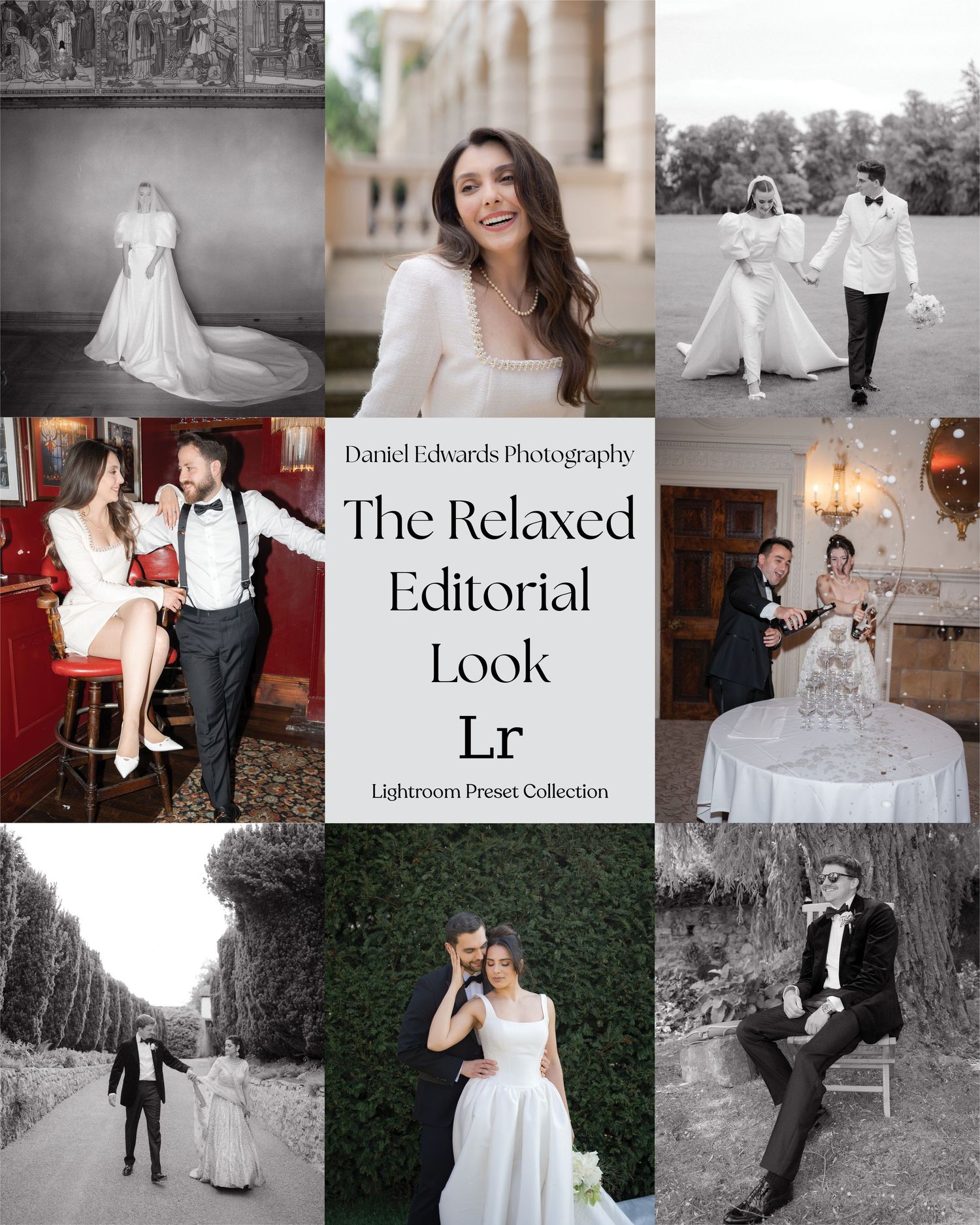 A collection of black and white and color wedding photography showing elegant bridal portraits and romantic moments.