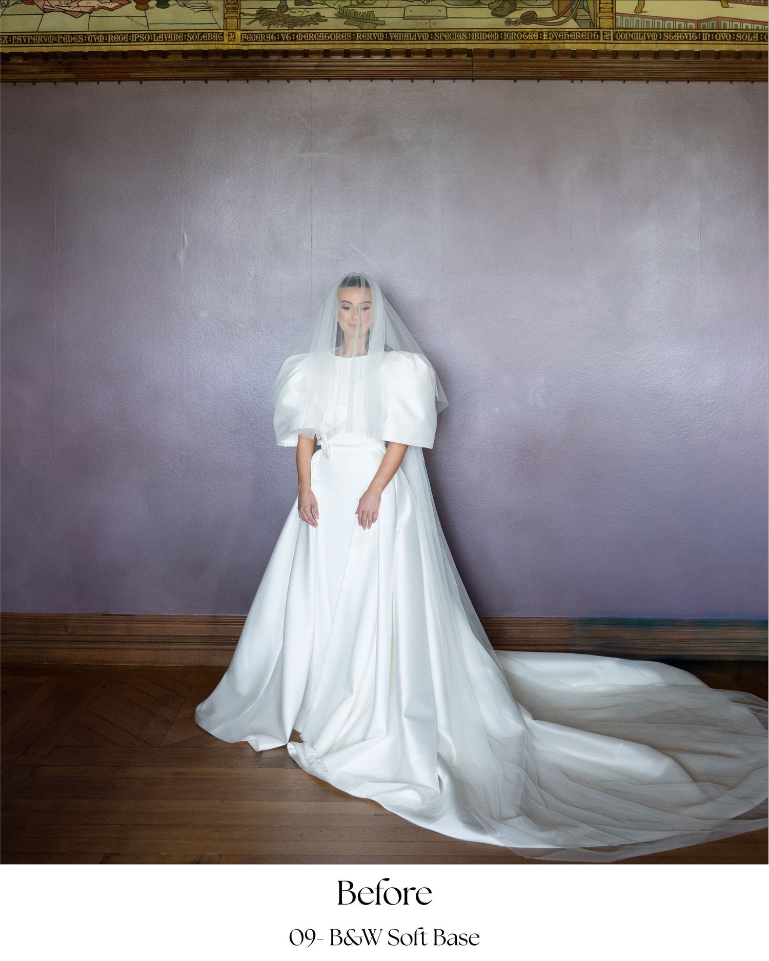 A series of wedding dress photos showing the dramatic transformation and styling process from before to after.