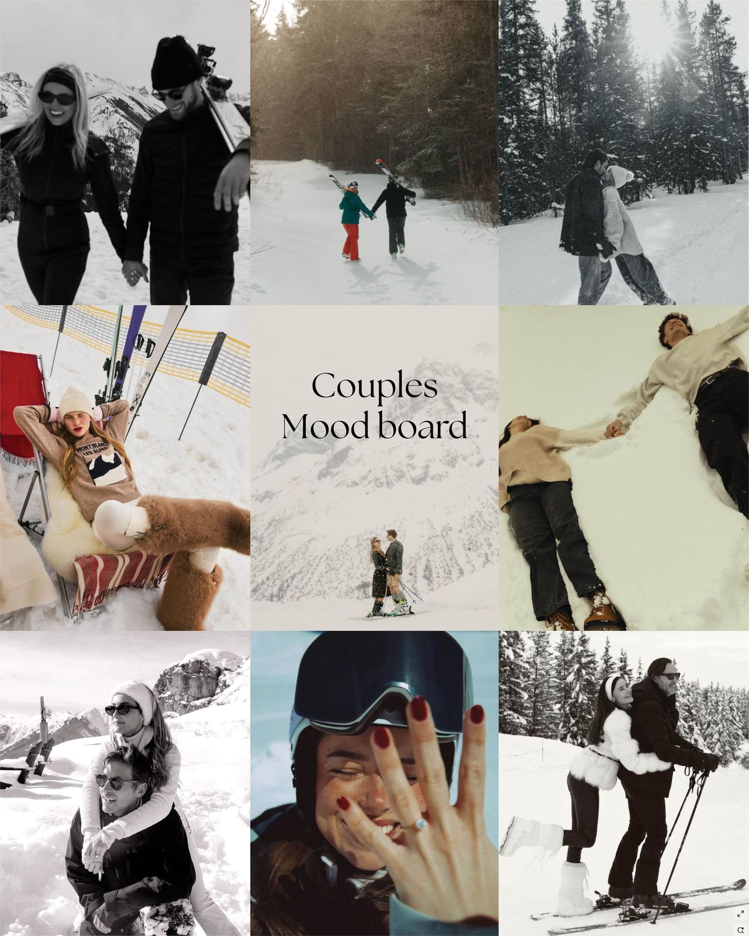 A collage of winter skiing photos showing people on snowy slopes and romantic moments in a cold mountain setting.