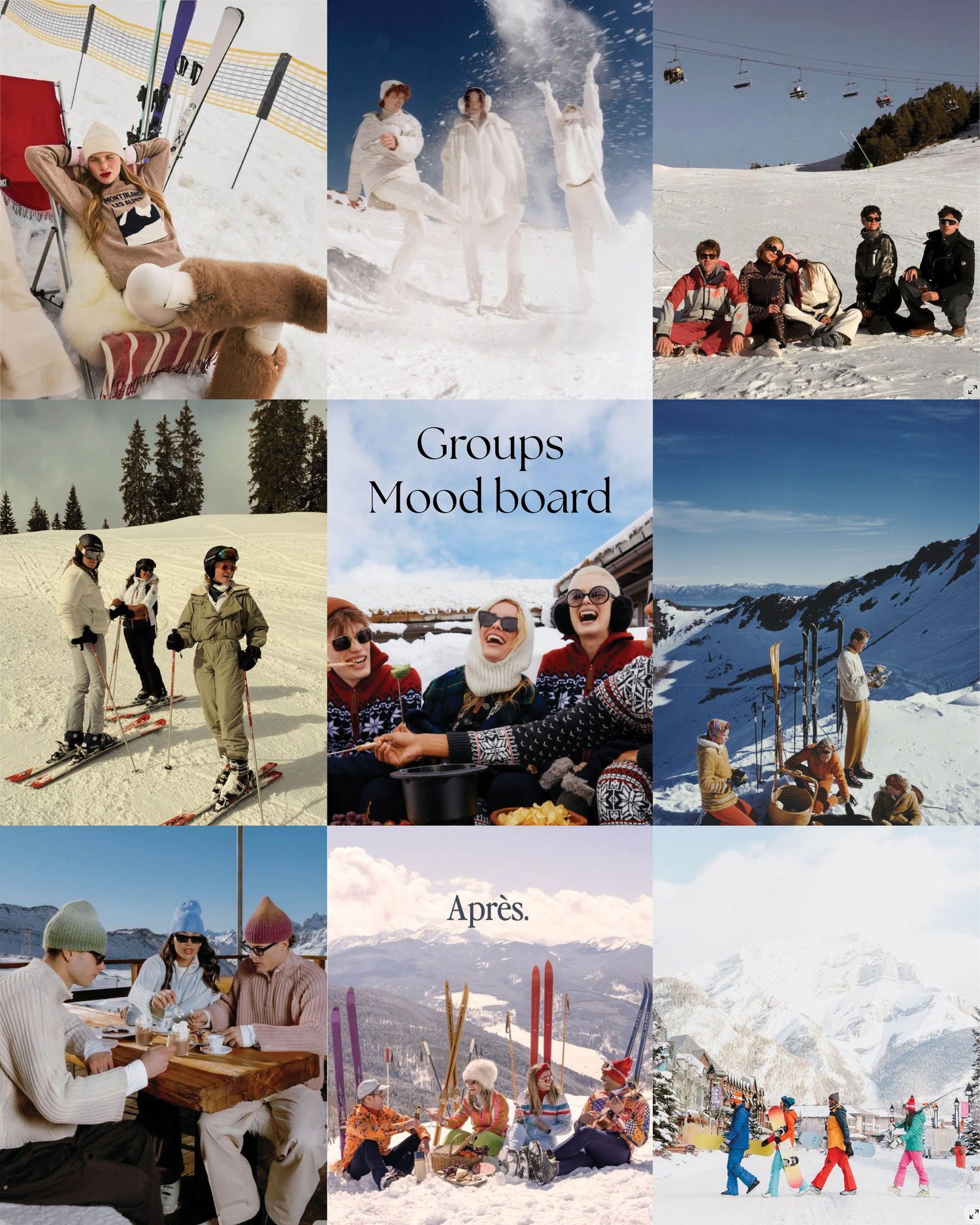 A winter sports mood board collage featuring vintage and modern skiing scenes, apres-ski gatherings, and snowy mountain landscapes.