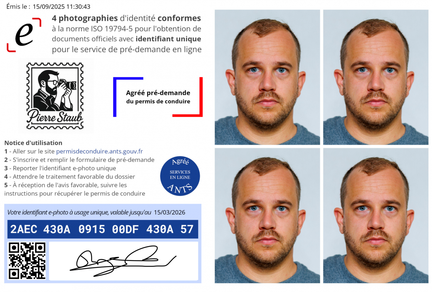 Official French driving license ID photo document showing four passport-style portraits of a young man.