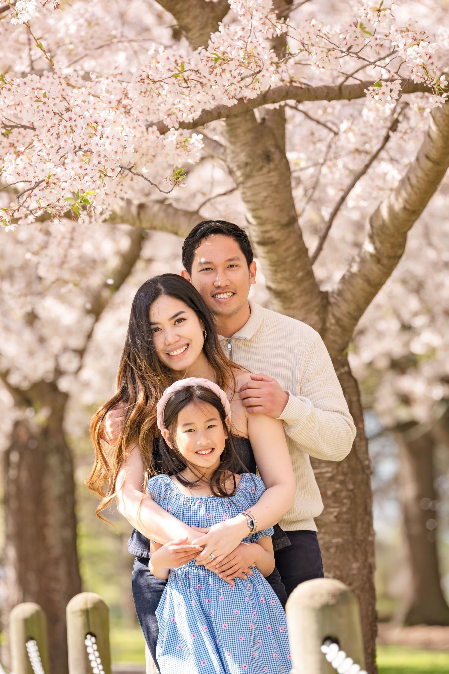 Asian family of three smiling under cherry blossom trees in spring, parents embracing young daughter outdoors.
