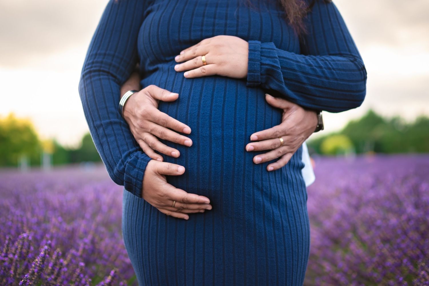 Close-up of hands cradling a pregnant belly in a blue dress among lavender flowers.