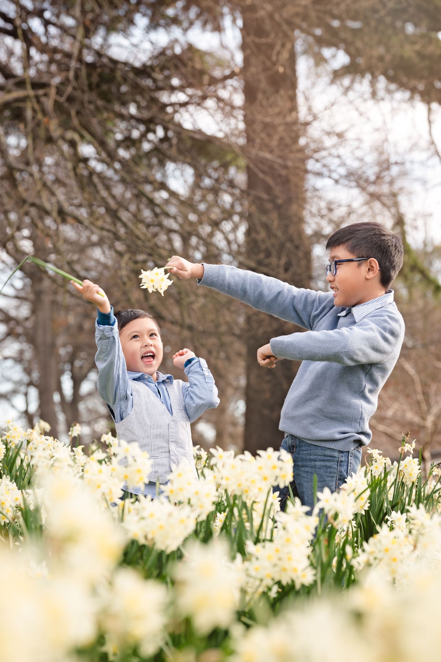 Two boys playing with white daffodils in a spring garden, laughing and enjoying the blooming flowers outdoors.