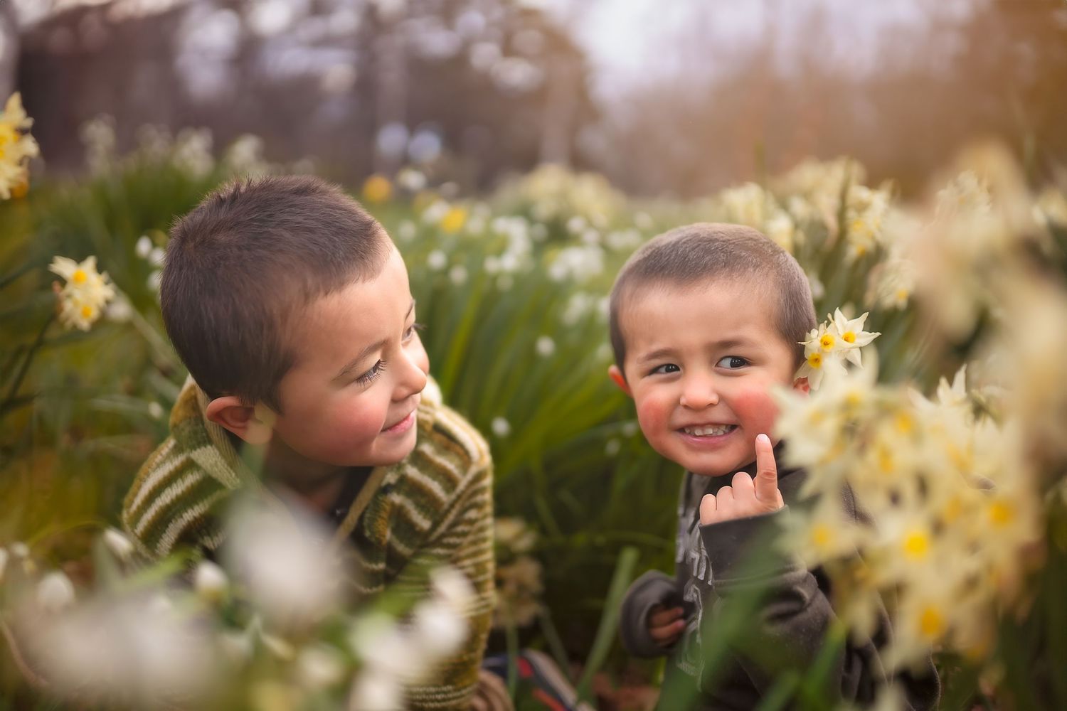 Two young boys smiling among white daffodils in a spring garden, enjoying a playful outdoor moment together.