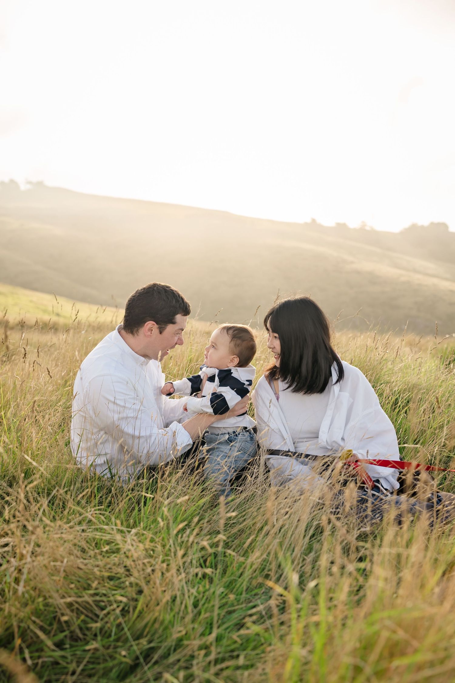 Family sitting in golden grass field at sunset, parents smiling at baby in jeans and navy top.