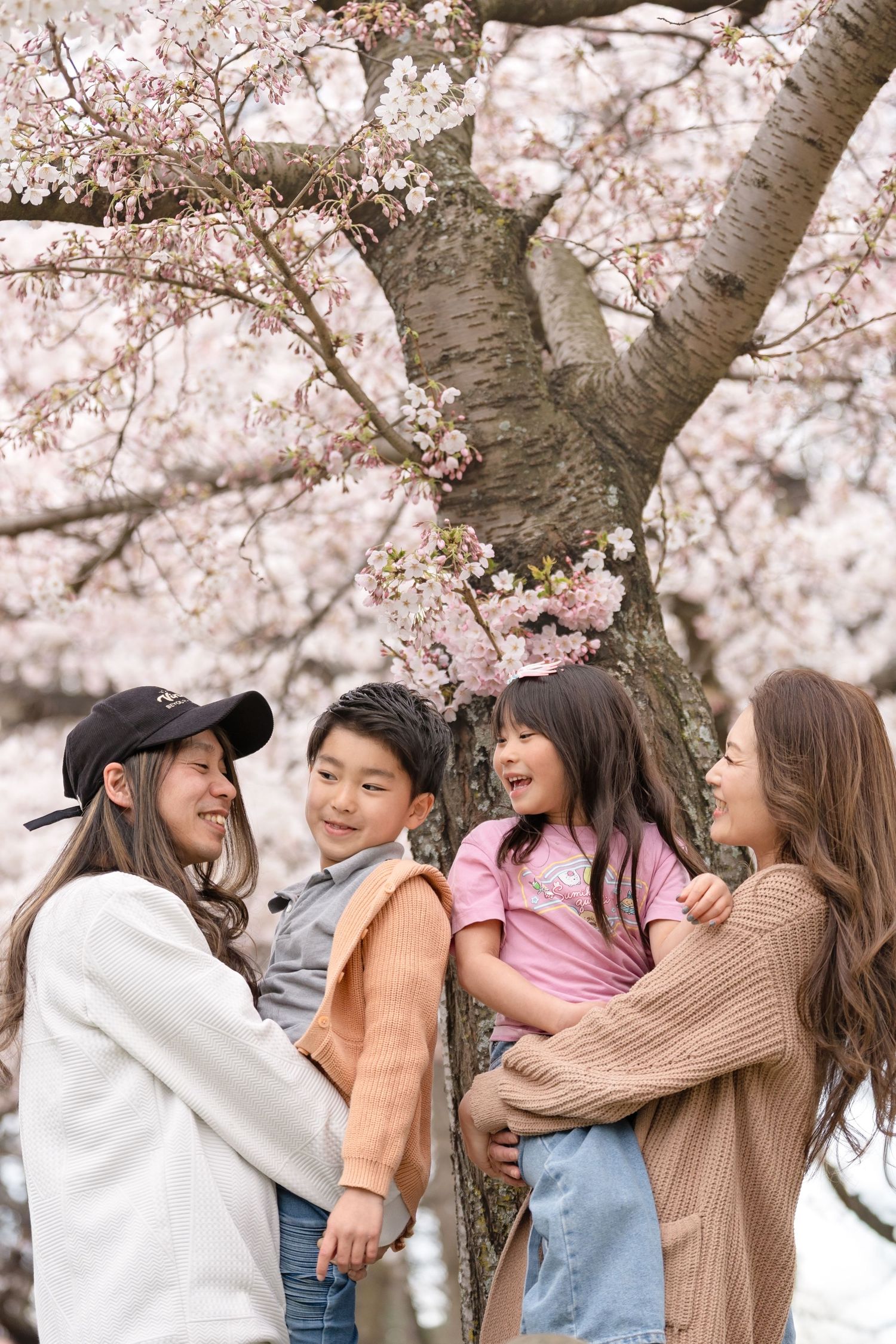 A group of friends gather under blooming cherry blossom trees in spring, sharing joyful moments together.