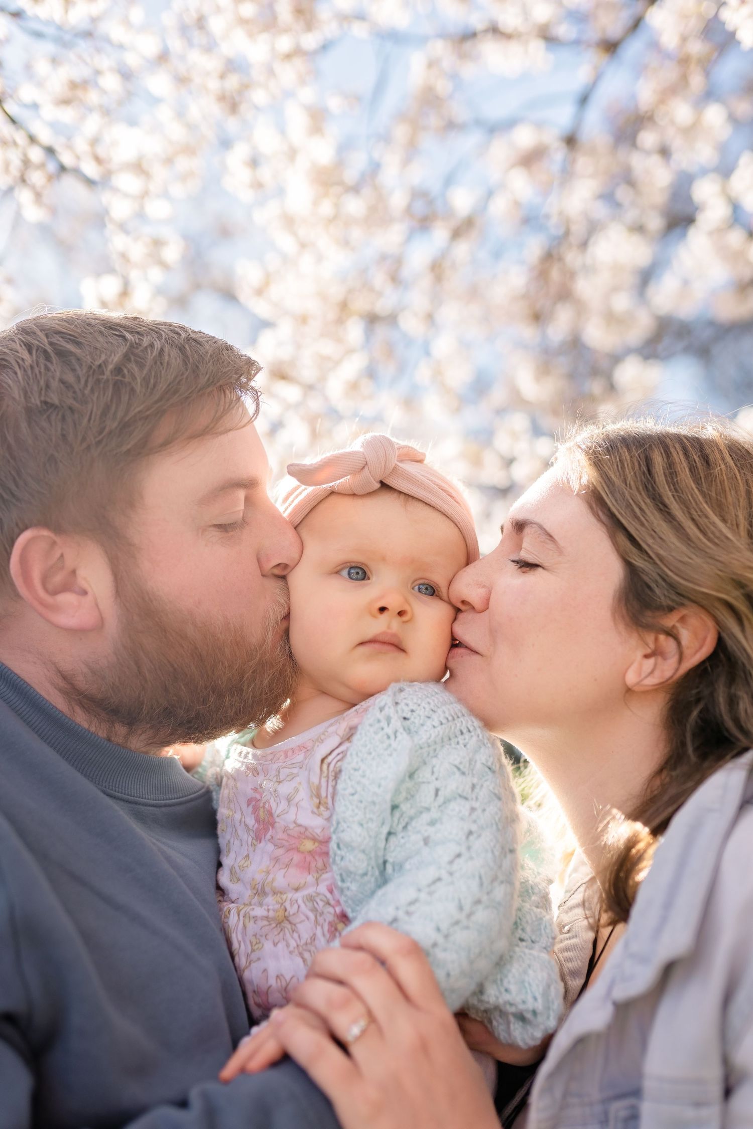 A loving family shares tender kisses together against a soft bokeh background in a series of four connected photos.