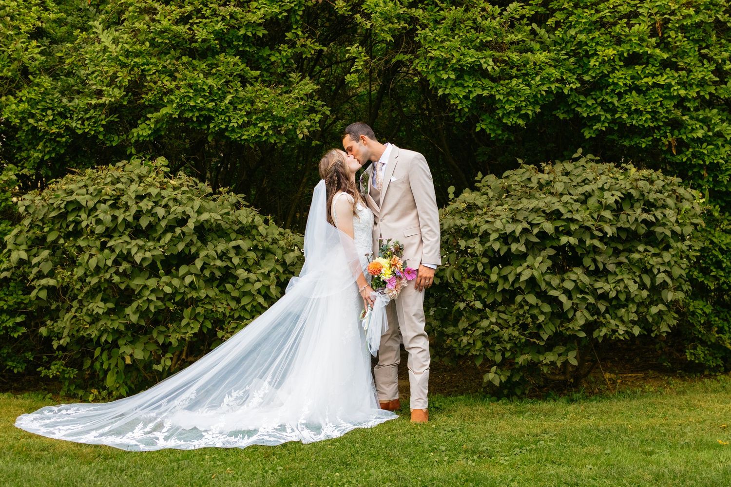 A couple in wedding attire embraces on a lush green lawn with a flowing white veil trailing behind them.