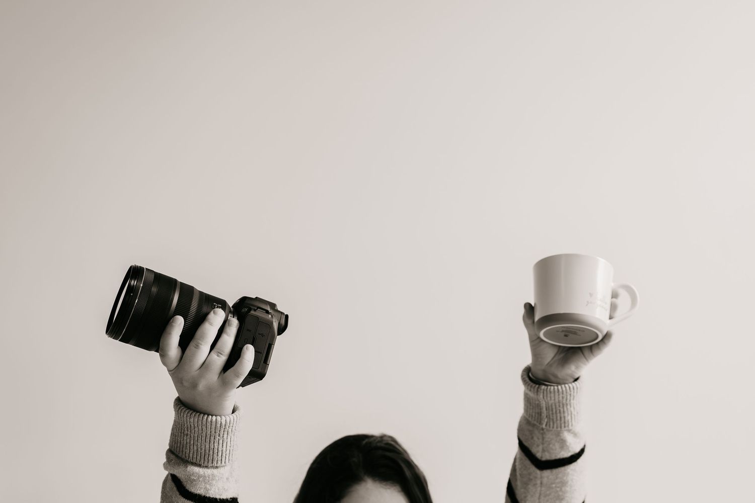 A sequence of photos showing a white coffee mug being rotated and tipped over against a light background.