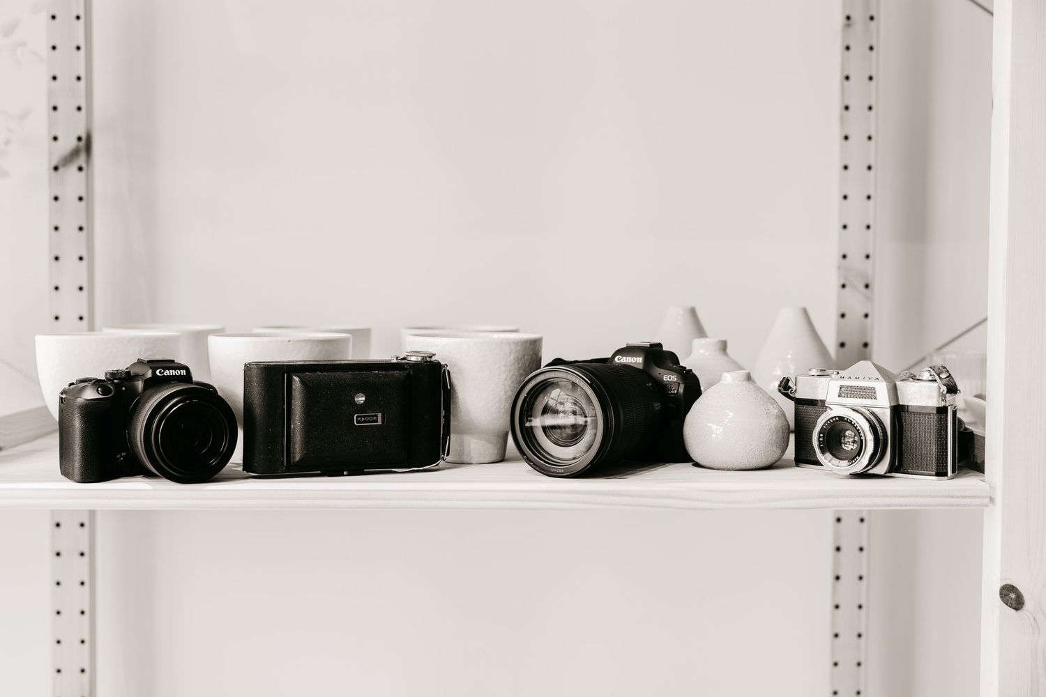 Vintage film cameras and lenses displayed on white shelves against a light background.