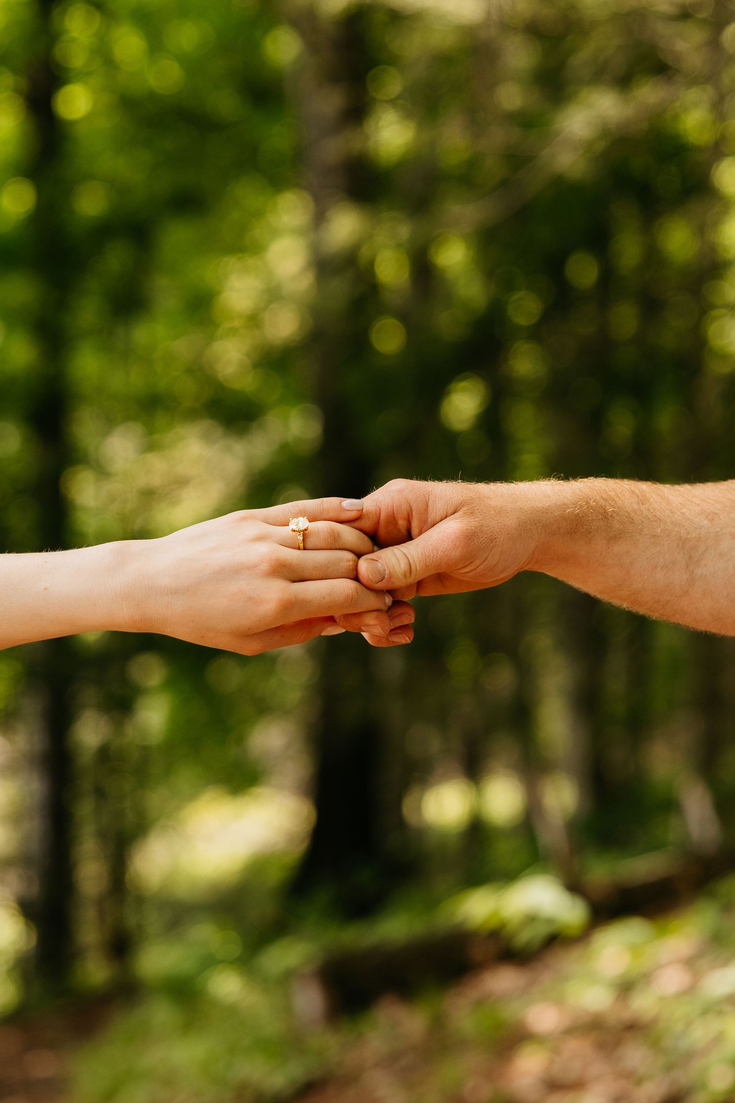 Two hands gently touching in a sunlit forest, with an engagement ring visible on the woman's finger.