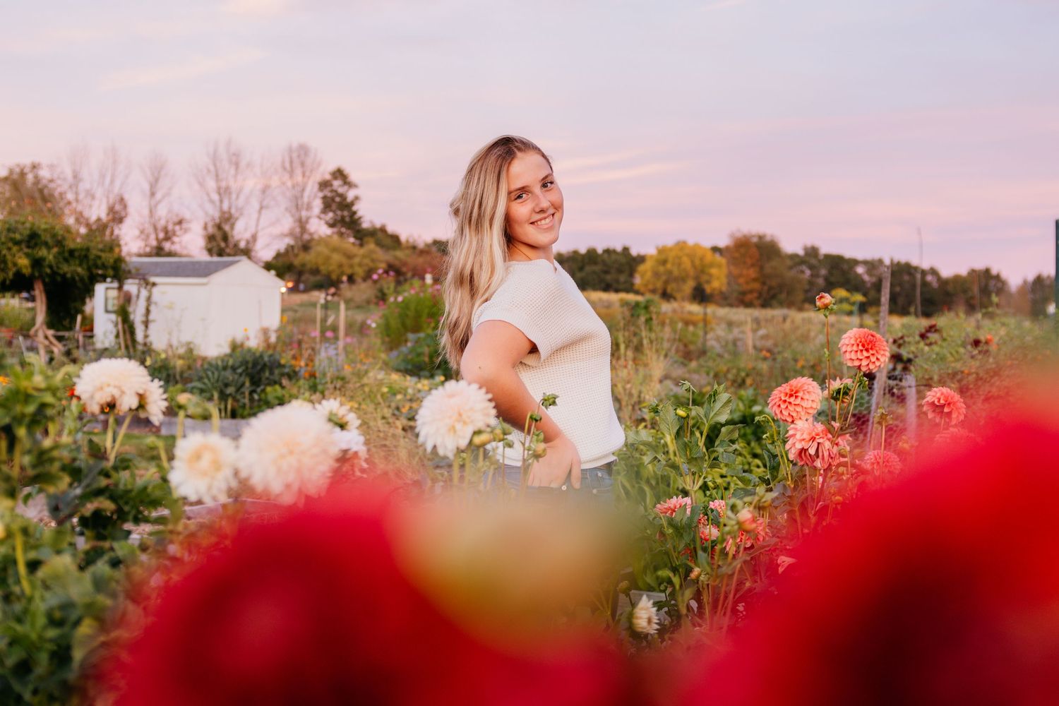 A person in a white dress stands in a vibrant flower field at sunset with pink and red blooms in the foreground.
