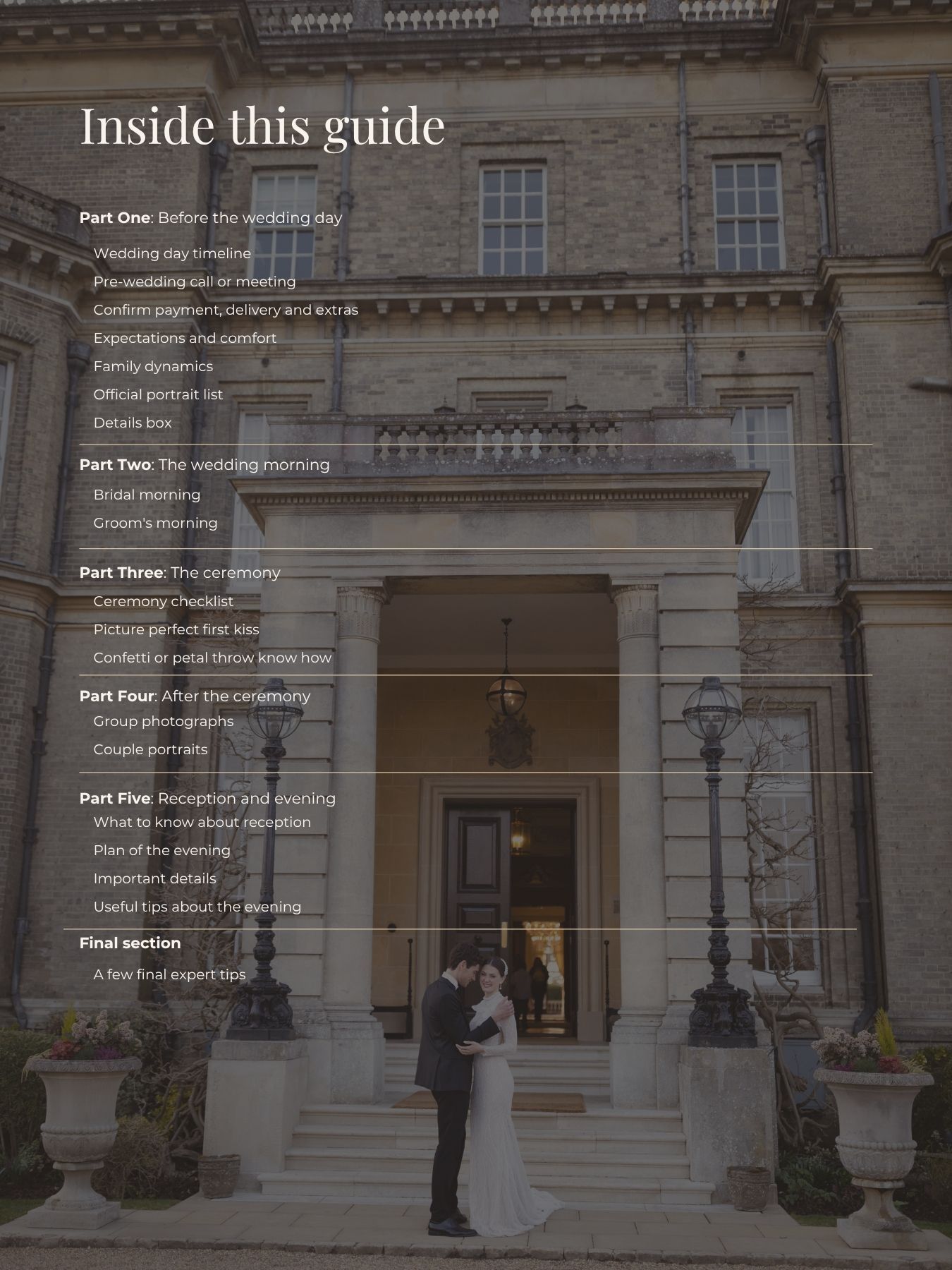 A wedding photography guide cover featuring a couple posing on grand estate steps with a detailed table of contents overlay.