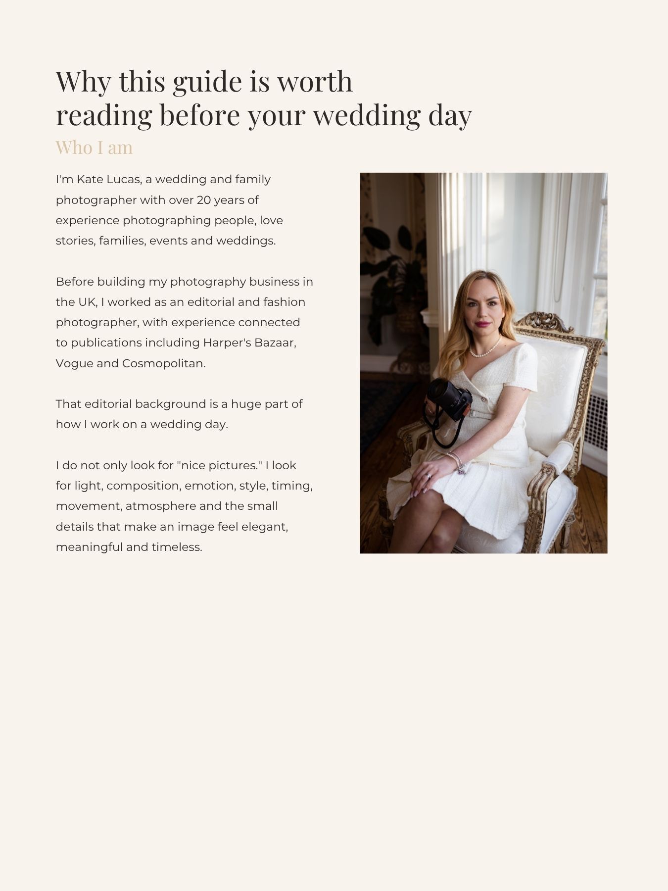 A professional wedding photographer Kate Lucas poses elegantly in a white off-shoulder dress while holding her camera.