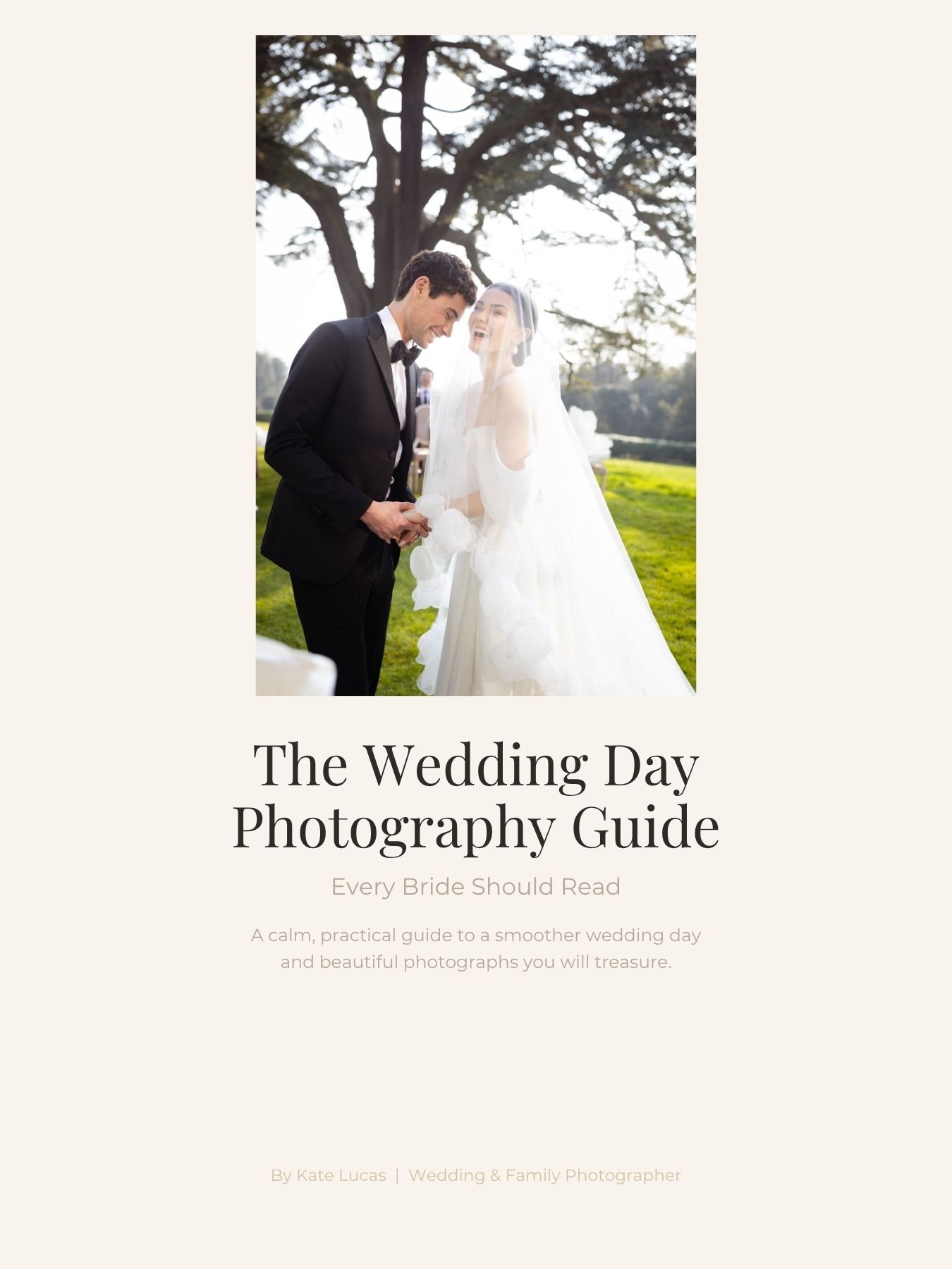 A bride and groom share an intimate moment outdoors under a tree, featured on a wedding photography guide book cover.