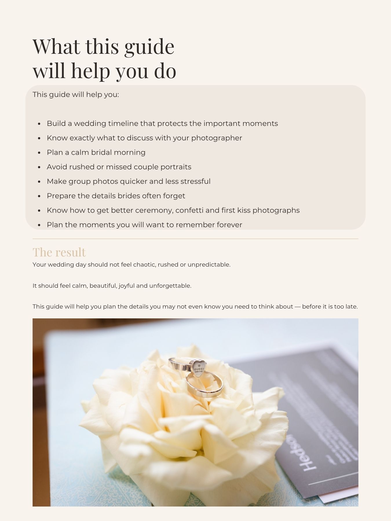Close-up of elegant gold wedding rings resting on a white rose bloom, perfect for wedding planning guides.