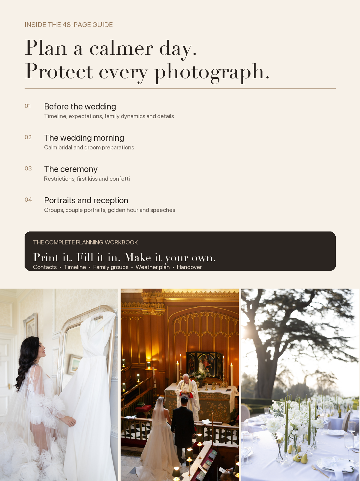 A wedding planning guide featuring bridal photos, ceremony venue, outdoor tree, and elegant reception table with white floral arrangements.