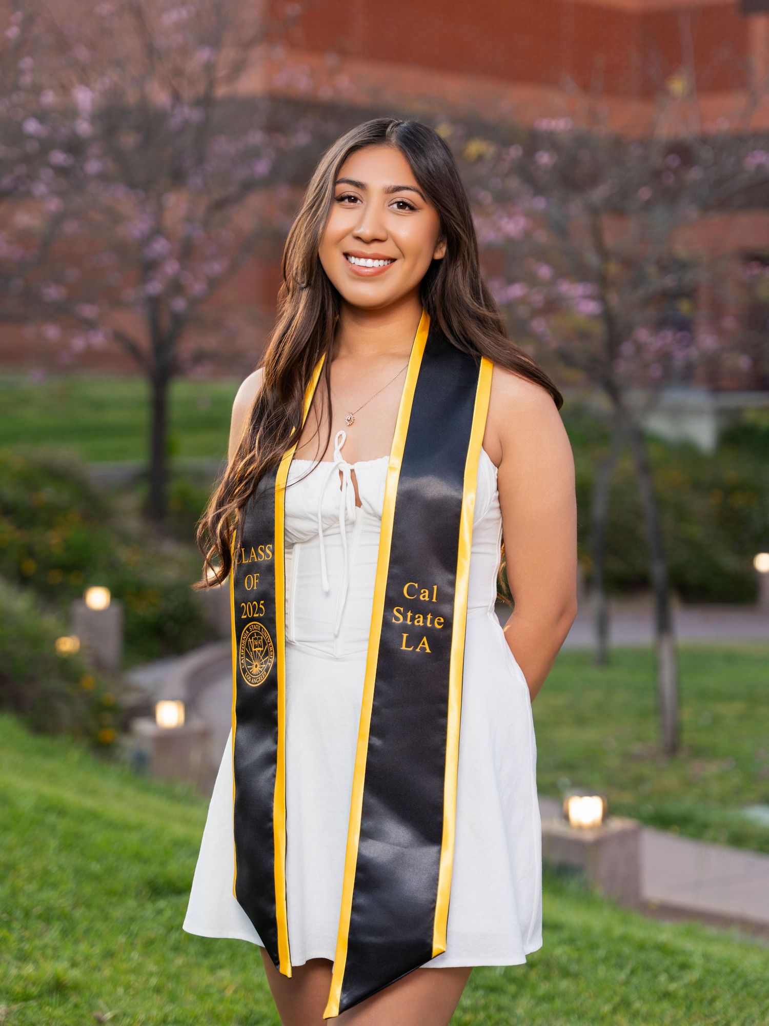Graduate in white dress and black graduation stole poses outdoors during sunset with blooming trees in background.