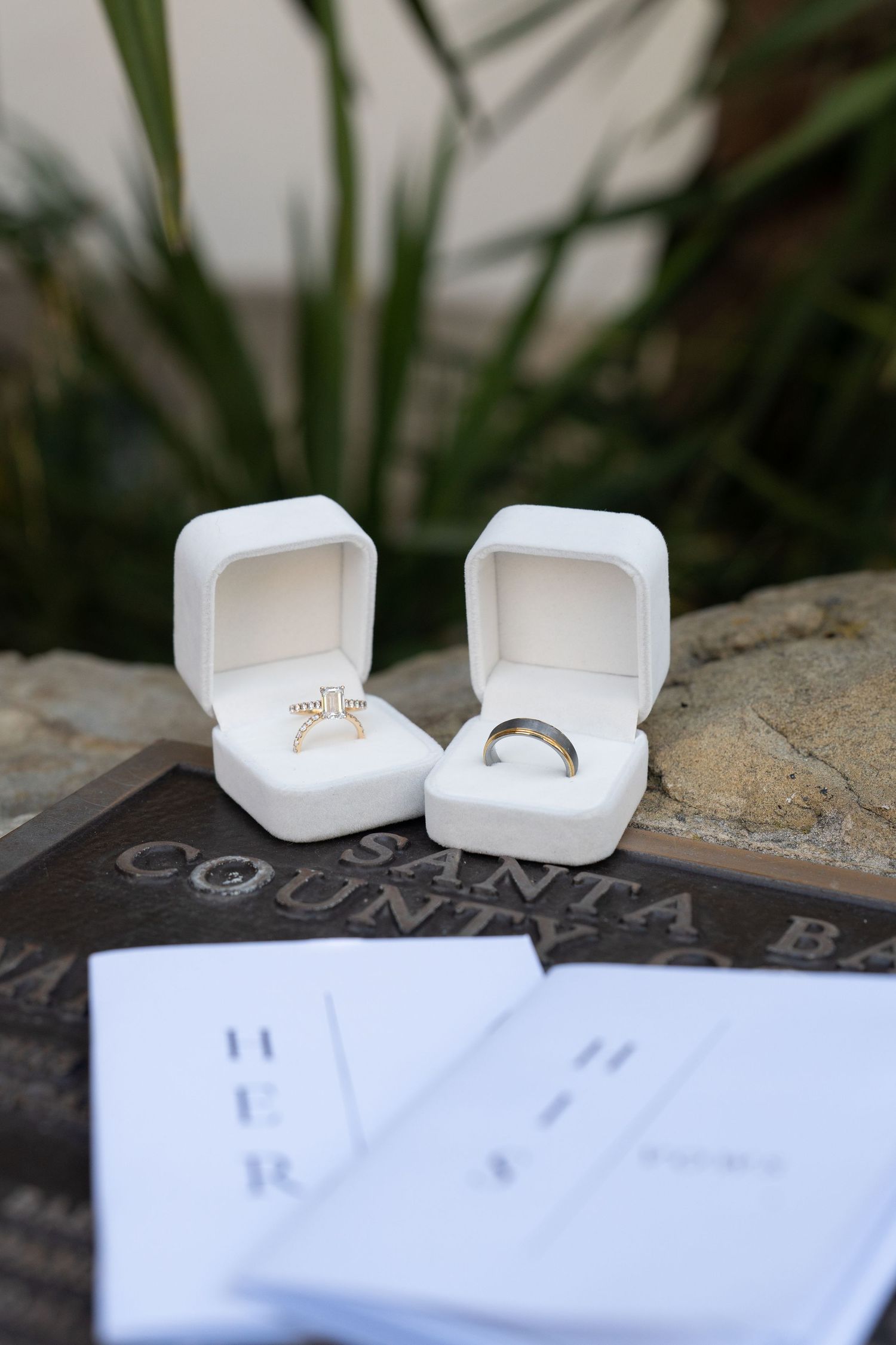 A diamond engagement ring sits in a white ring box displayed on a stone surface with green foliage in the background.
